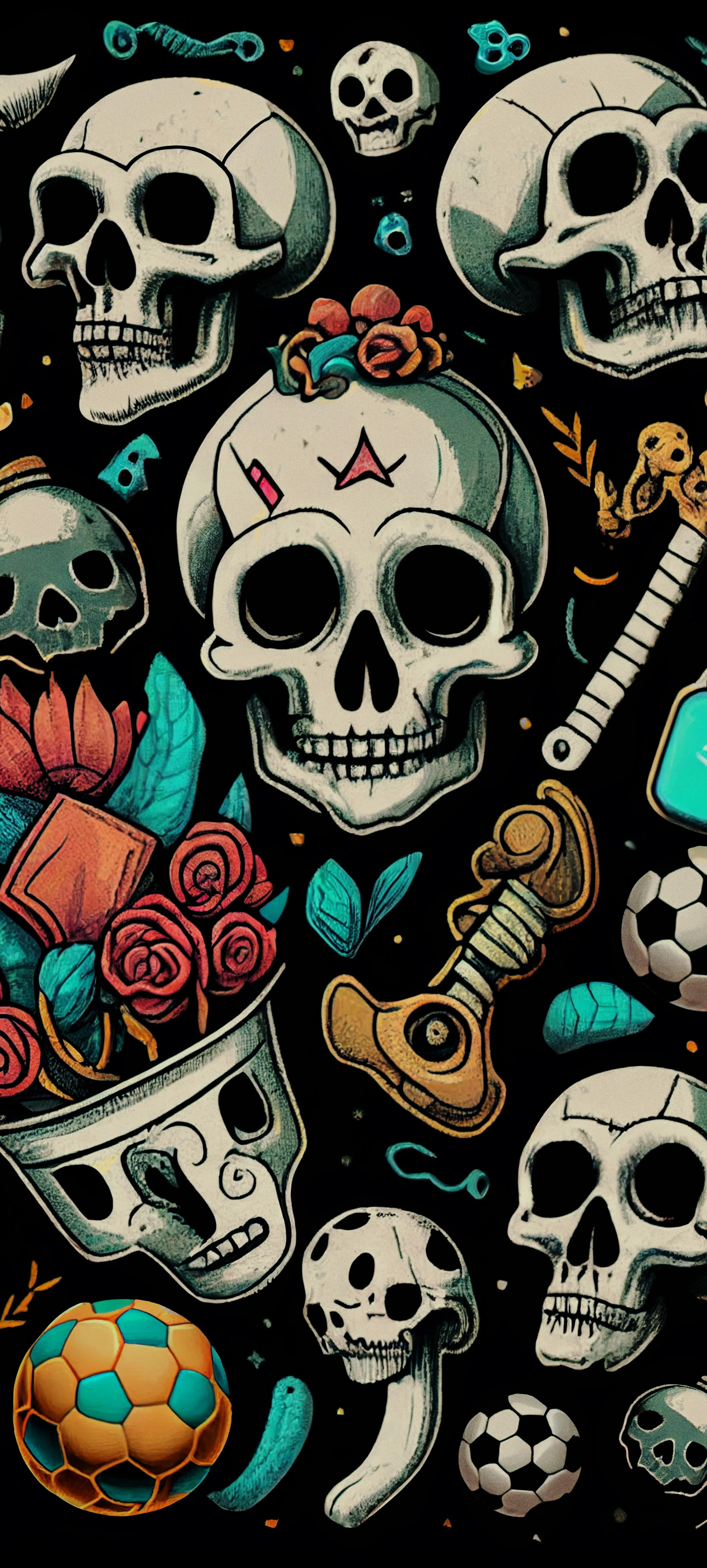 Artistic Skull and Flowers Pattern for Mobile Wallpaper