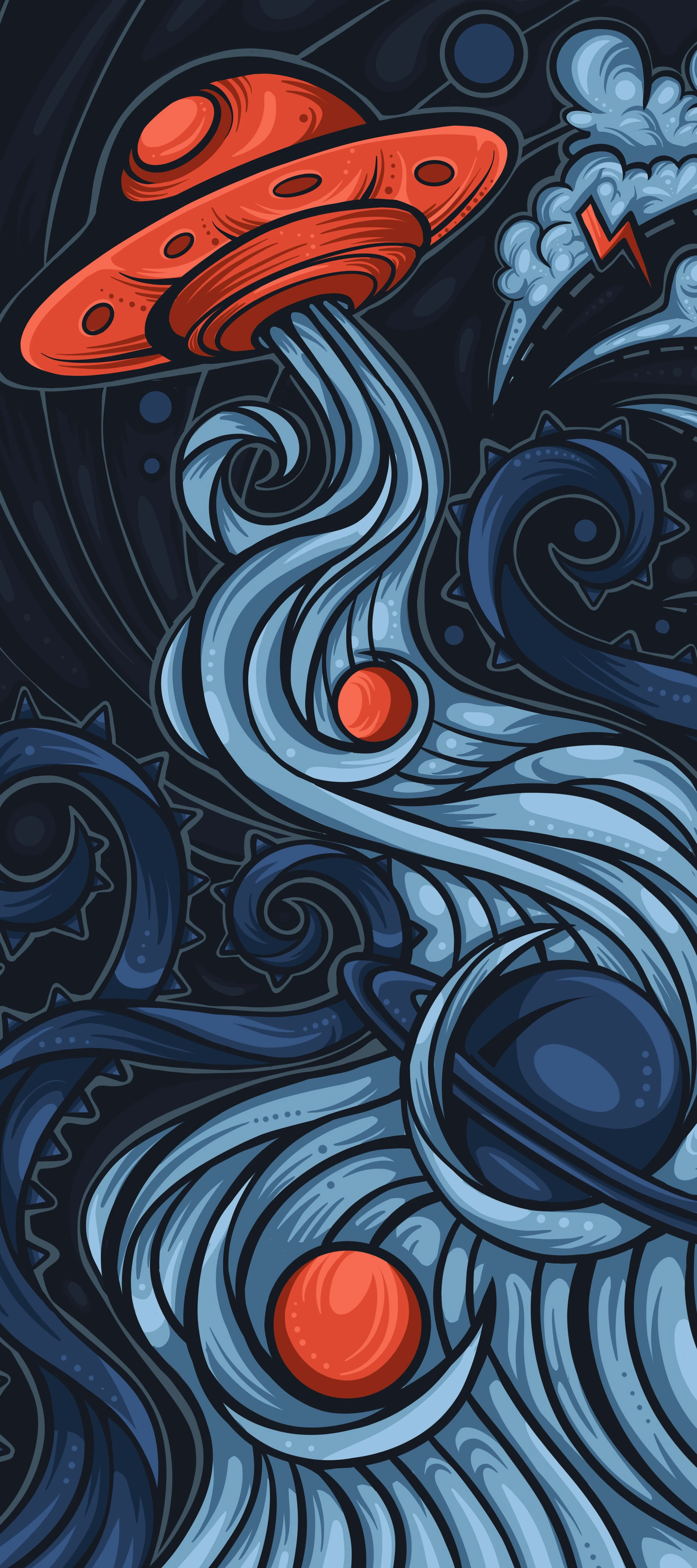 Artistic Space Scene with Planets and Flowing Water Design