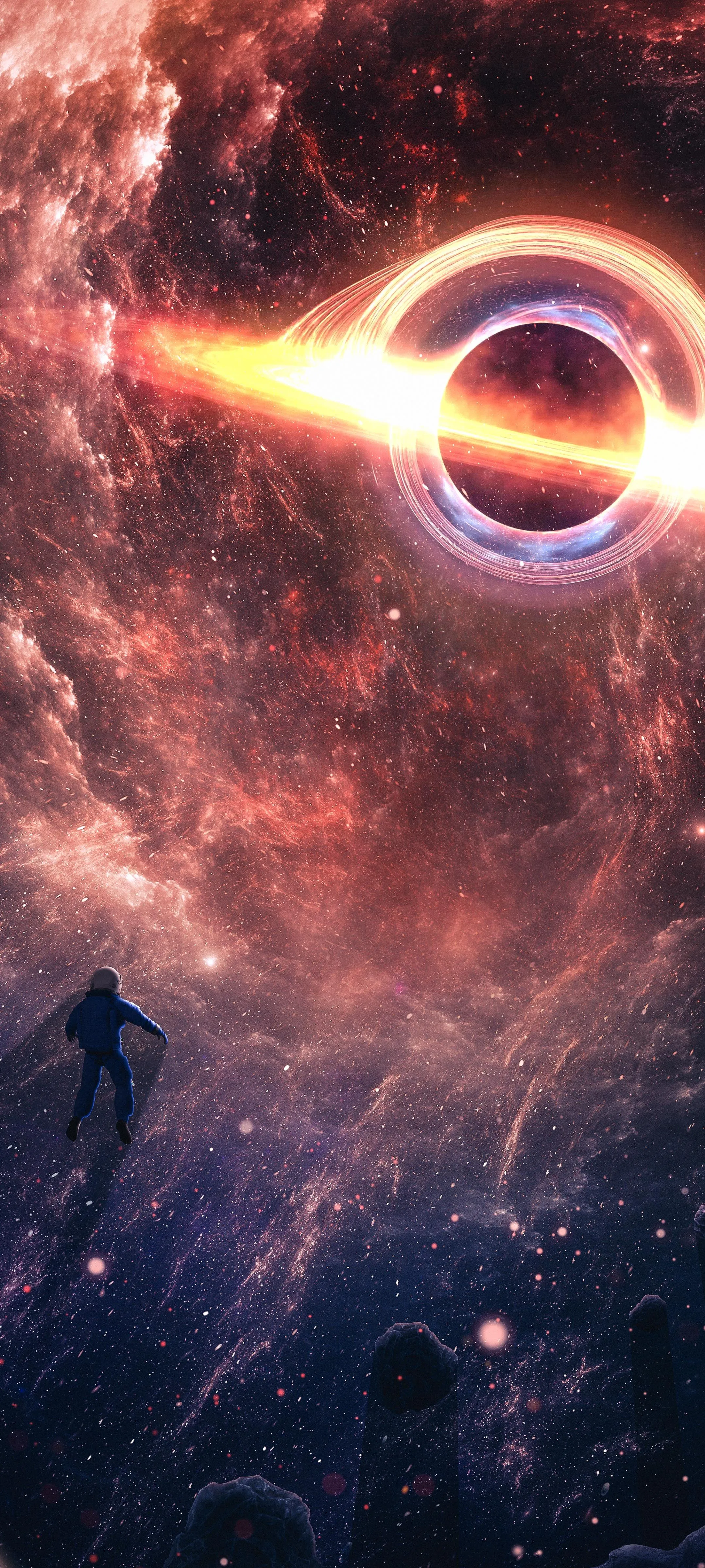 Astronaut Approaching Black Hole with Red Space Background