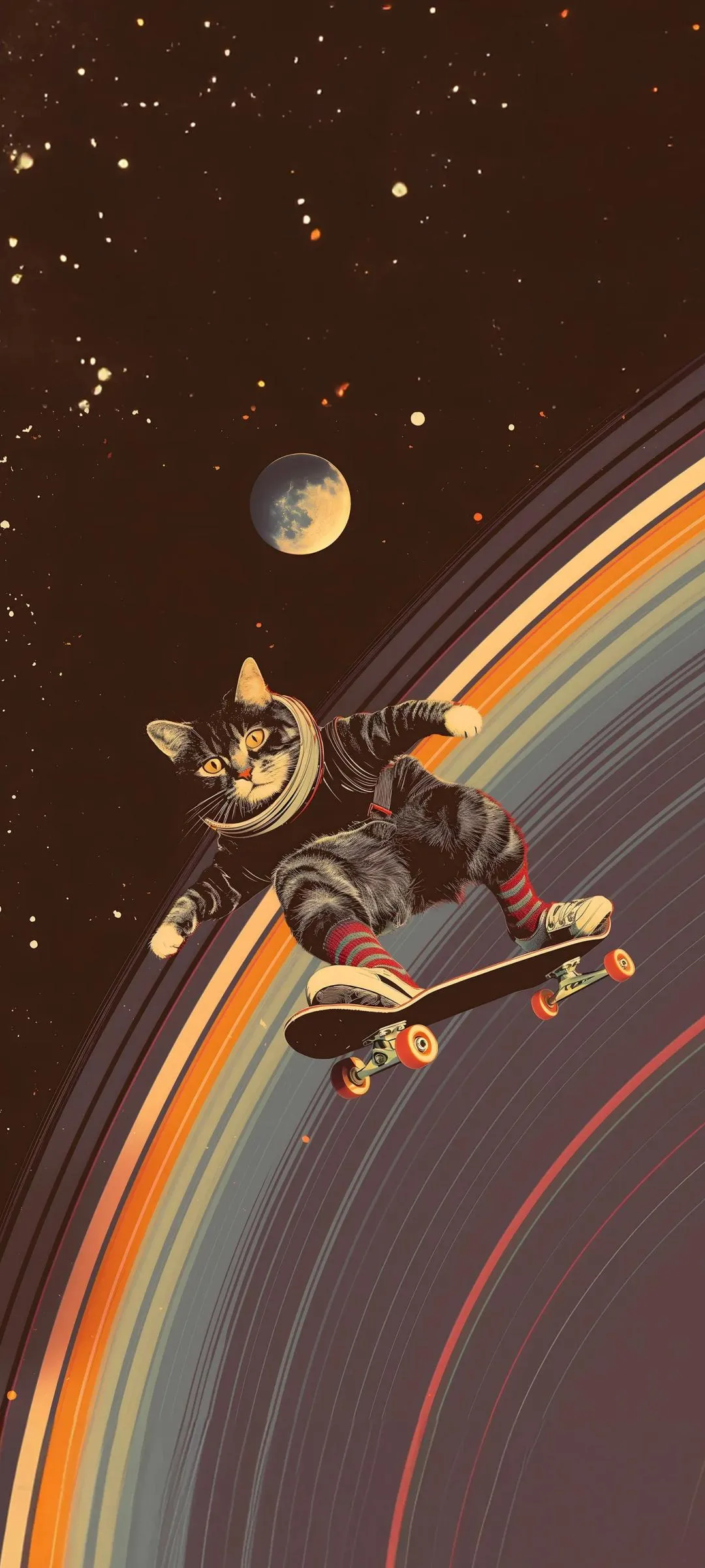 Astronaut Cat Hovering in Space with Saturn Ring Background