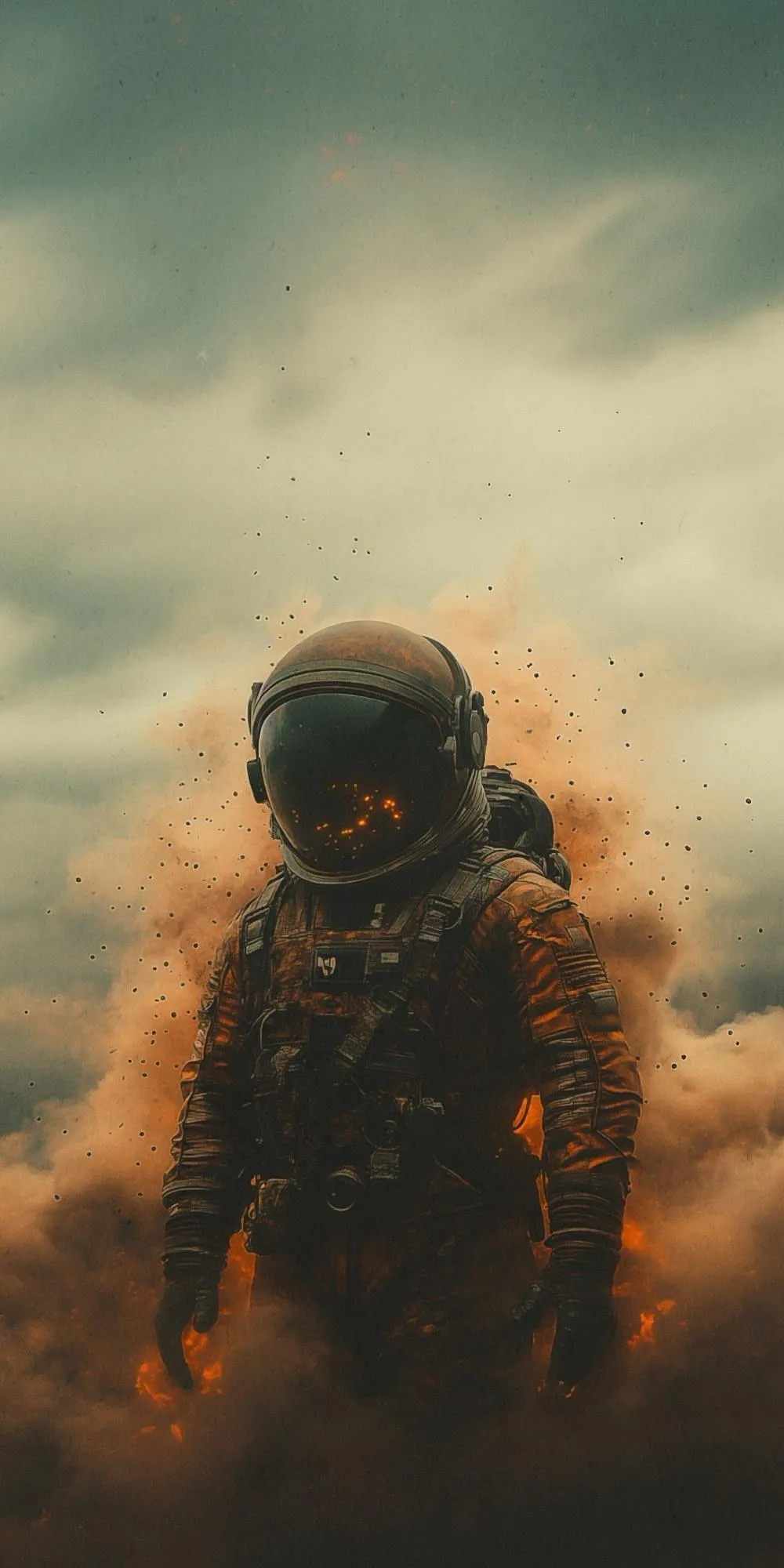 Astronaut Covered in Dust Standing in Desert Storm