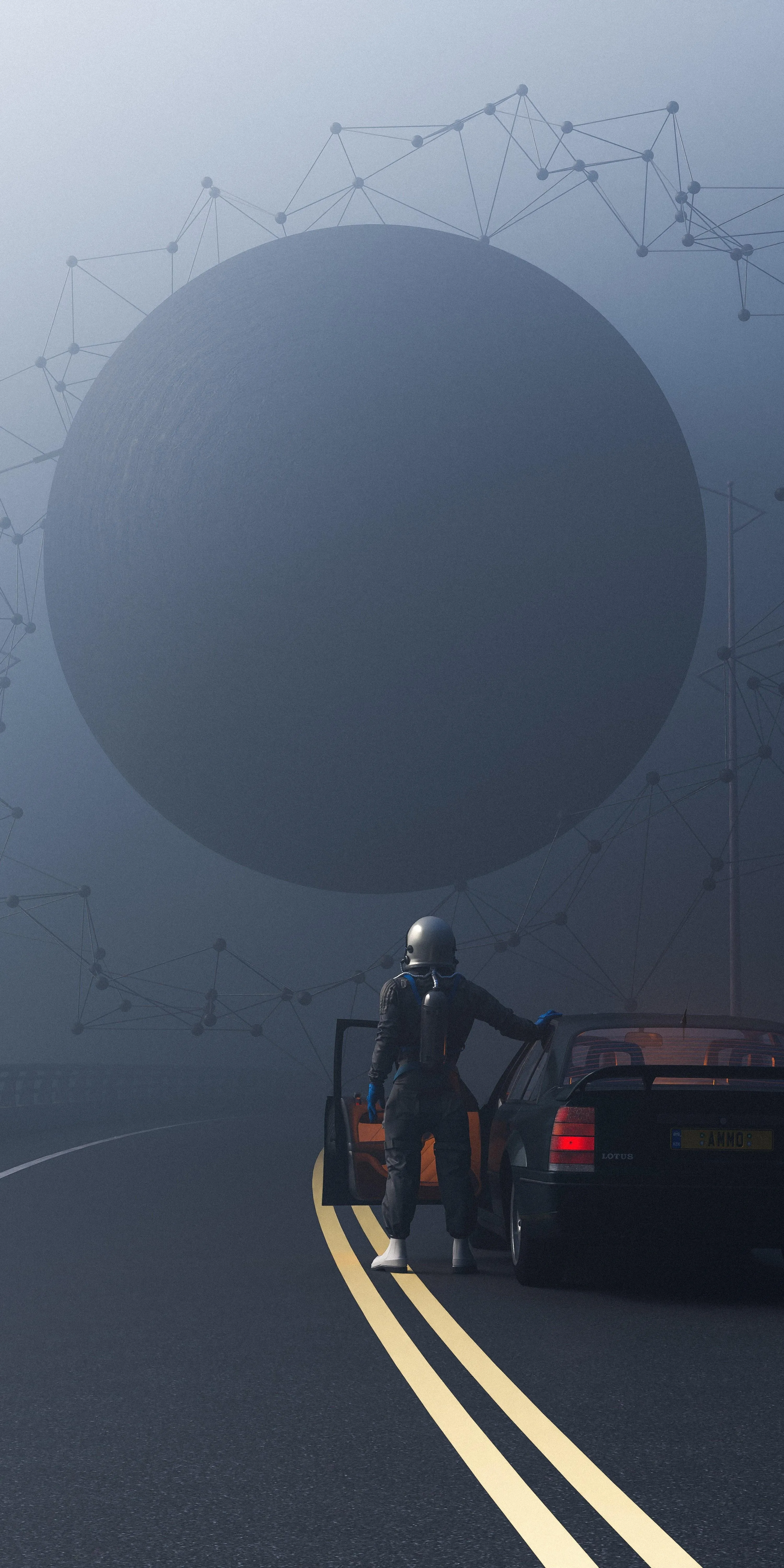 Astronaut Exploring a Mysterious Giant Sphere on a Foggy Road