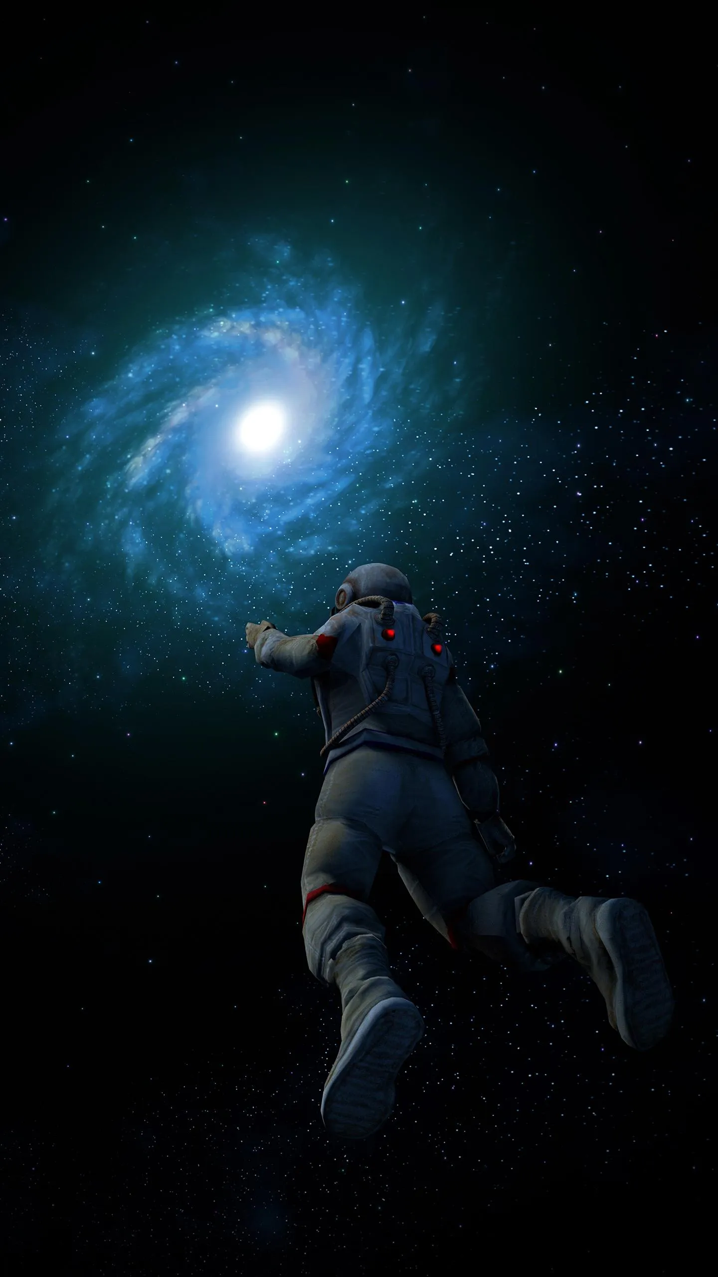 Astronaut Floating In Deep Space With Bright Blue Light