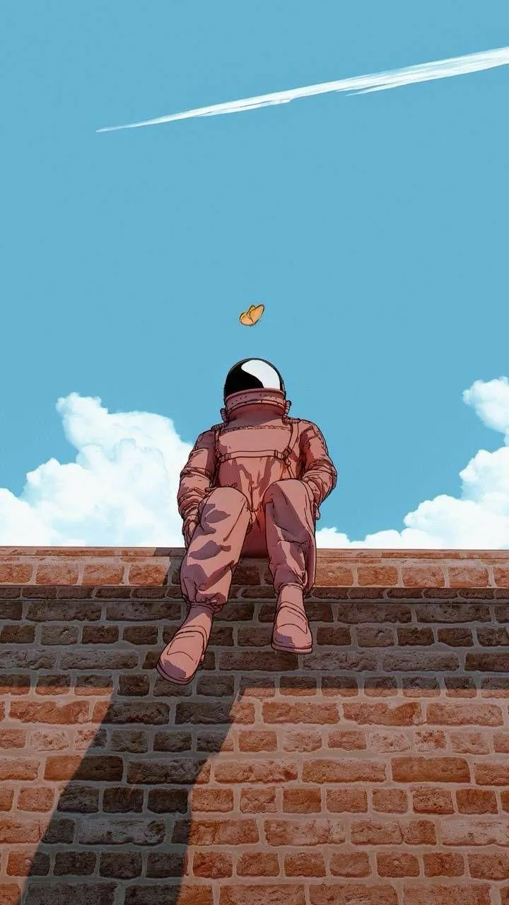 Astronaut in Pink Suit Sitting Above Wall Creative Wallpaper