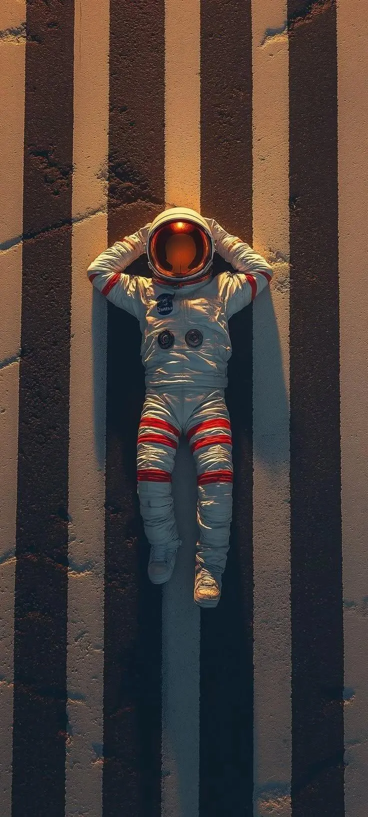 Astronaut in Space Suit Relaxing on Striped Concrete Surface