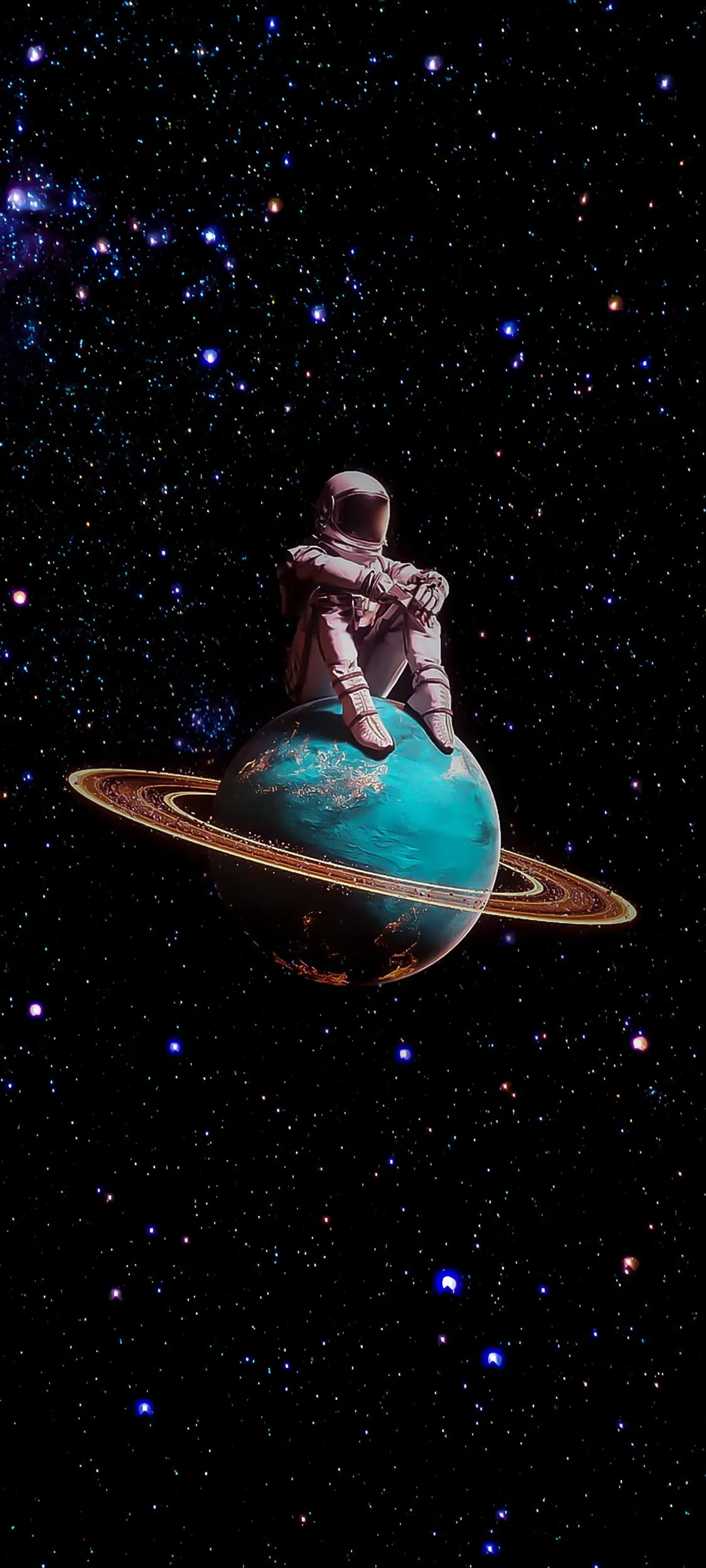 Astronaut Sitting Alone on a Ringed Planet in Outer Space