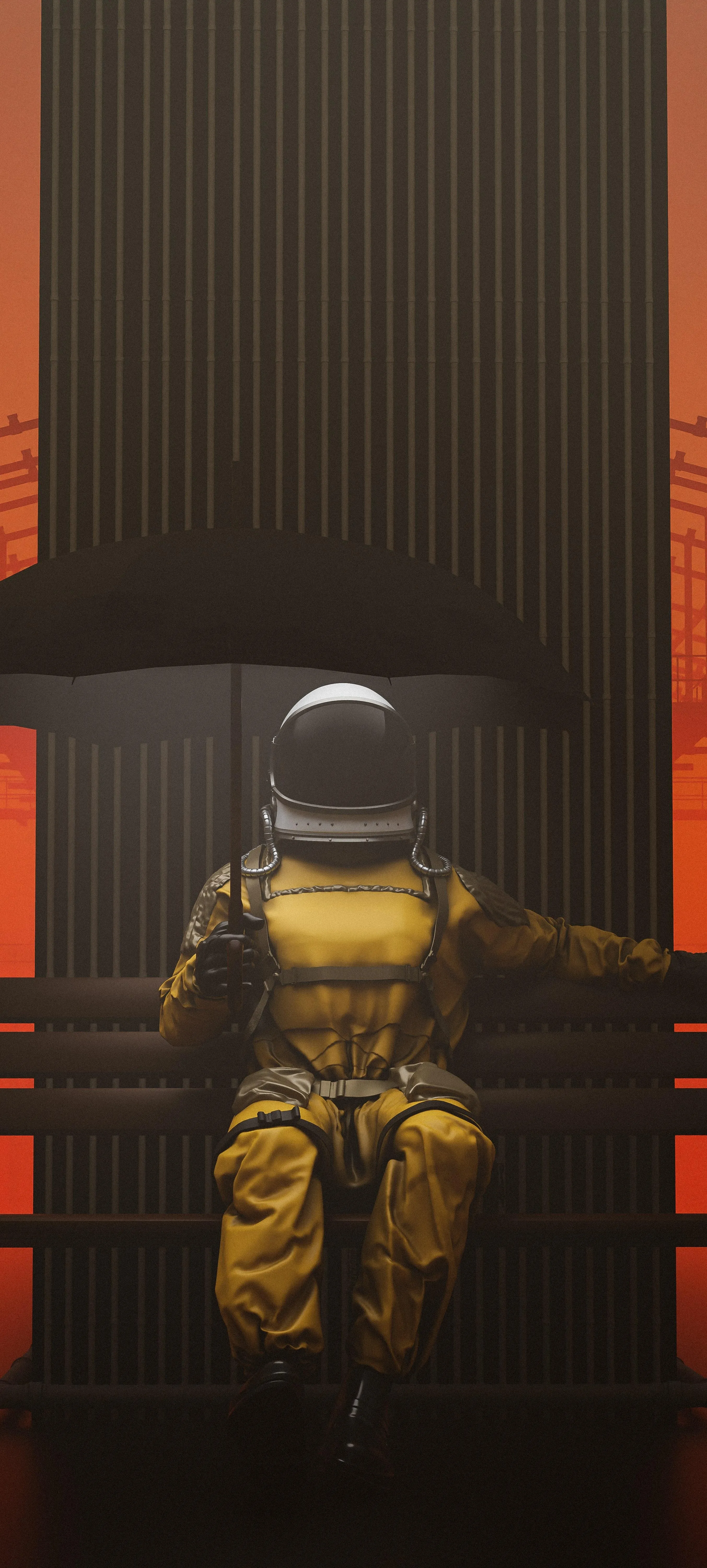 Astronaut Sitting Alone with Umbrella with Orange Lighting