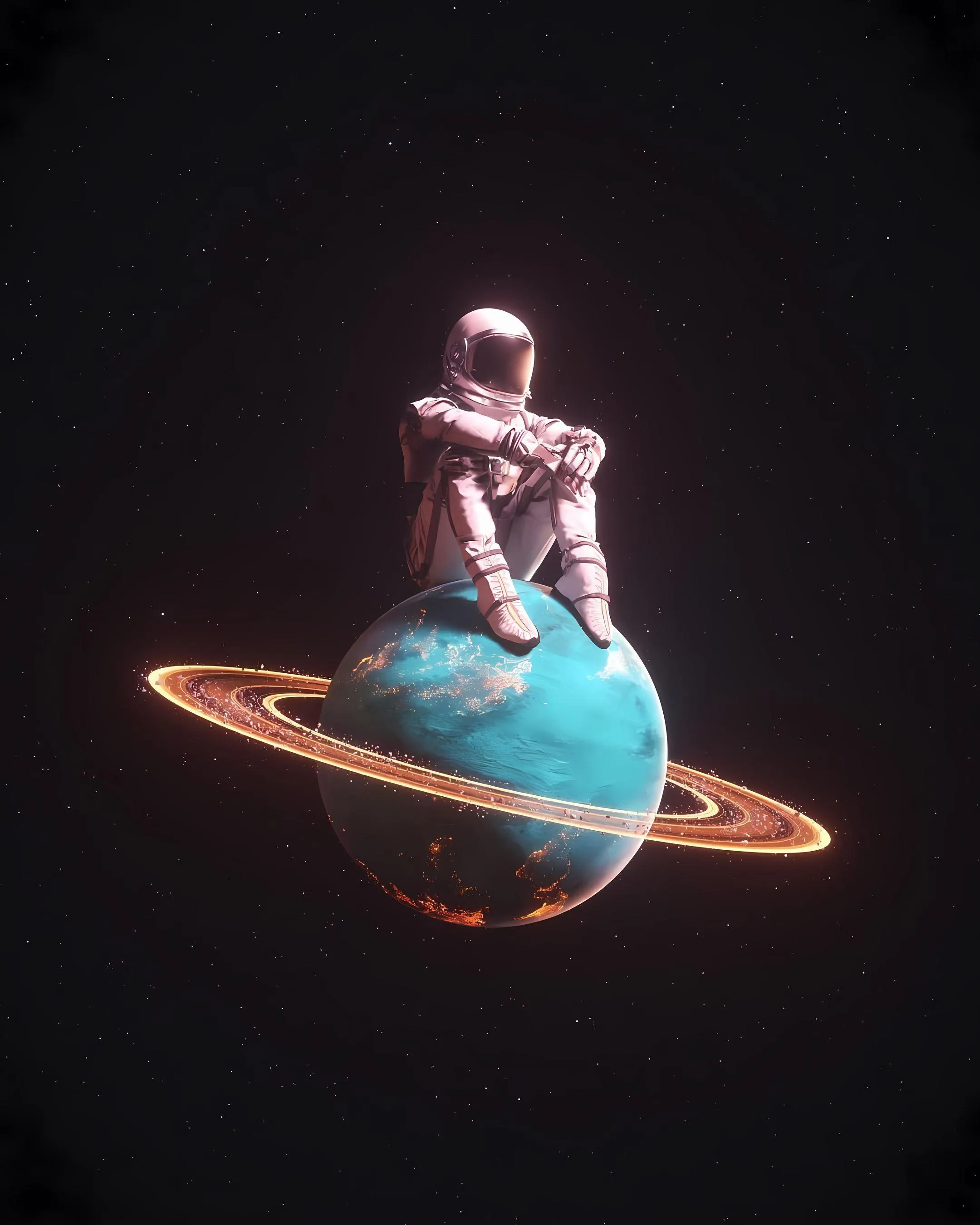 Astronaut Sitting Peacefully on a Glowing Ringed Planet