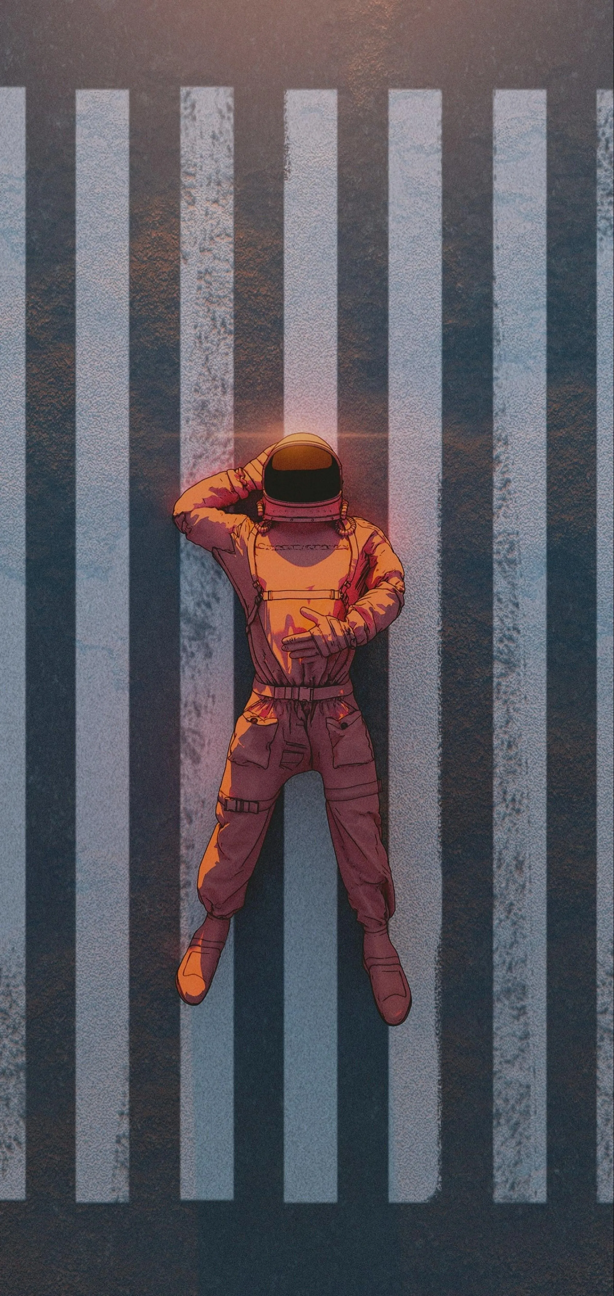 Astronaut Sleeping on Vertical Bars in a Unique Urban Pose