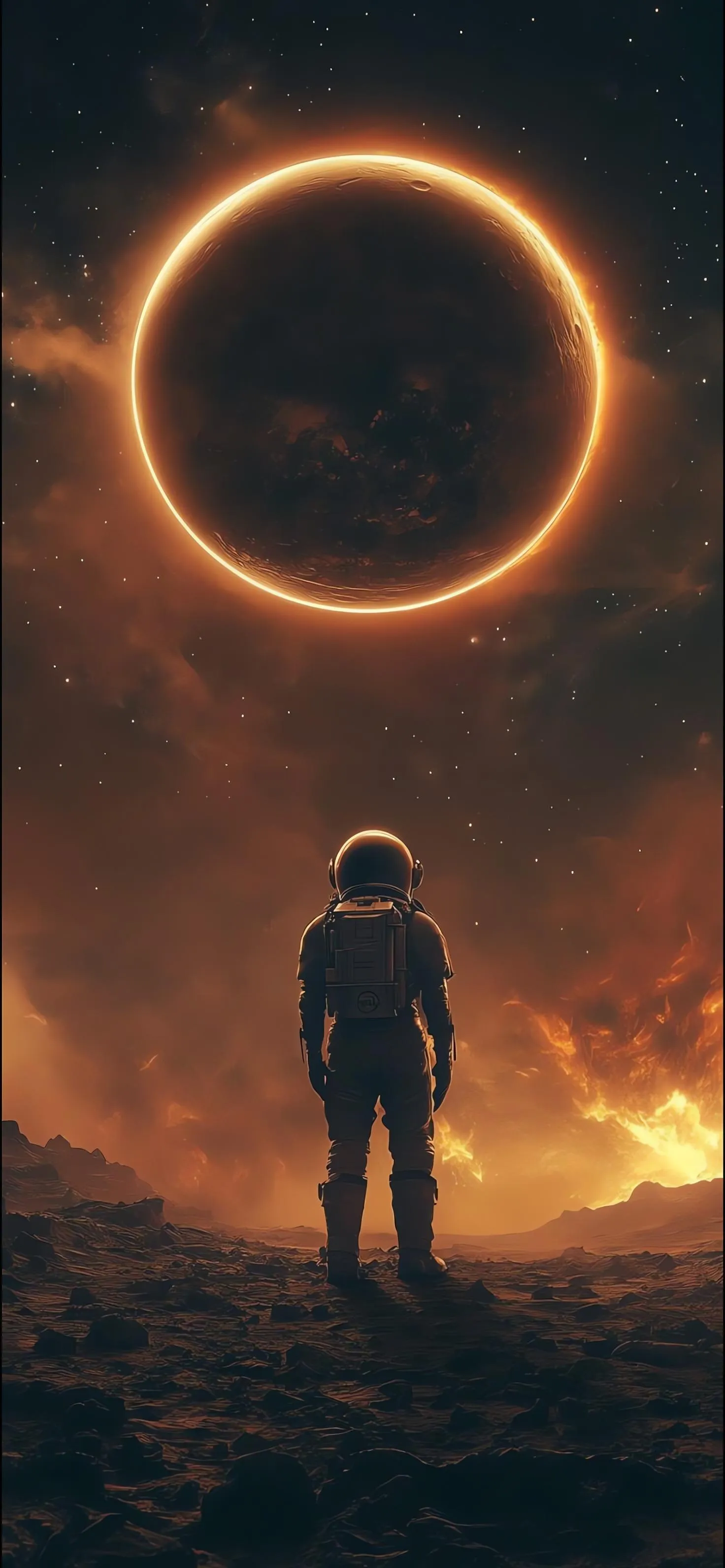 Astronaut Standing Before a Solar Eclipse in Space