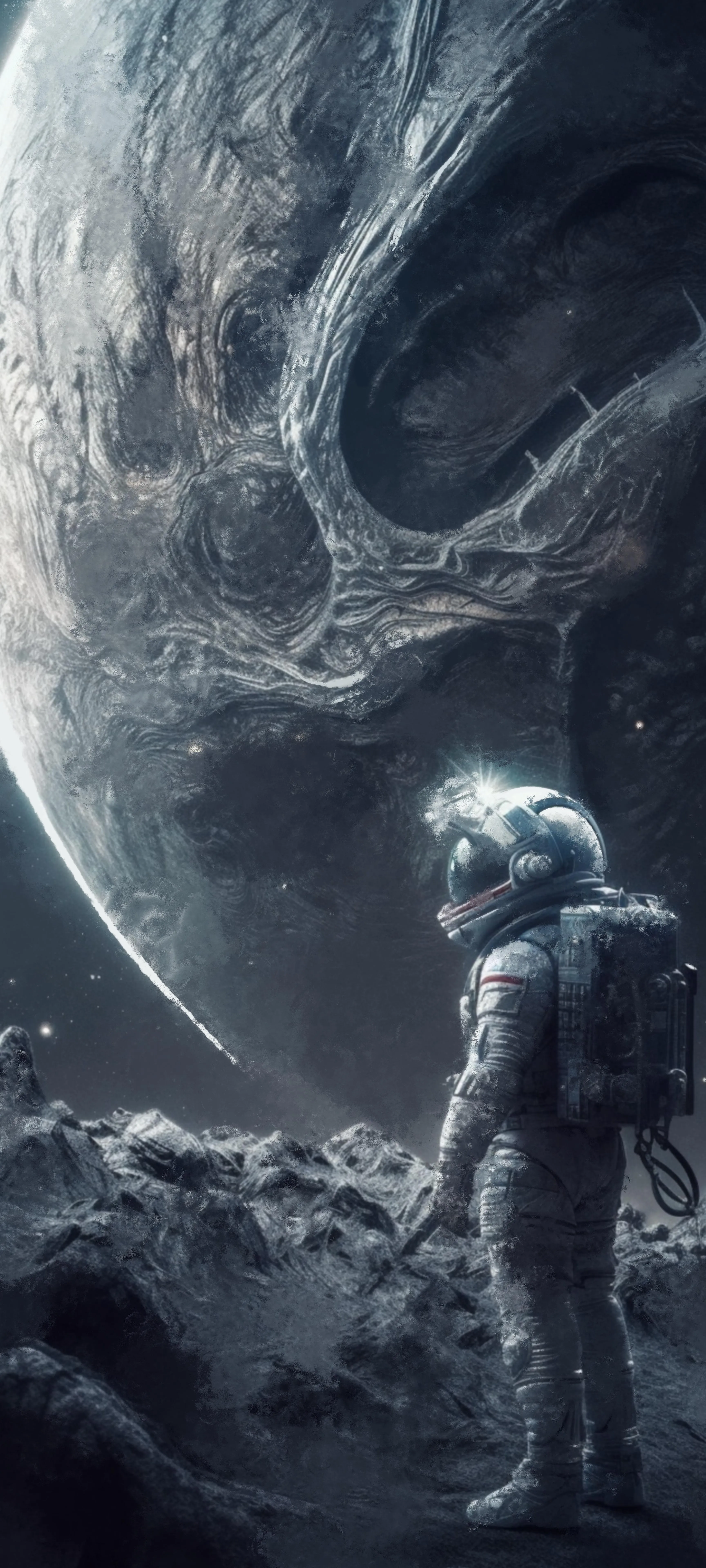 Astronaut Standing Under Dramatic Dark Moonlit Sky Wallpaper