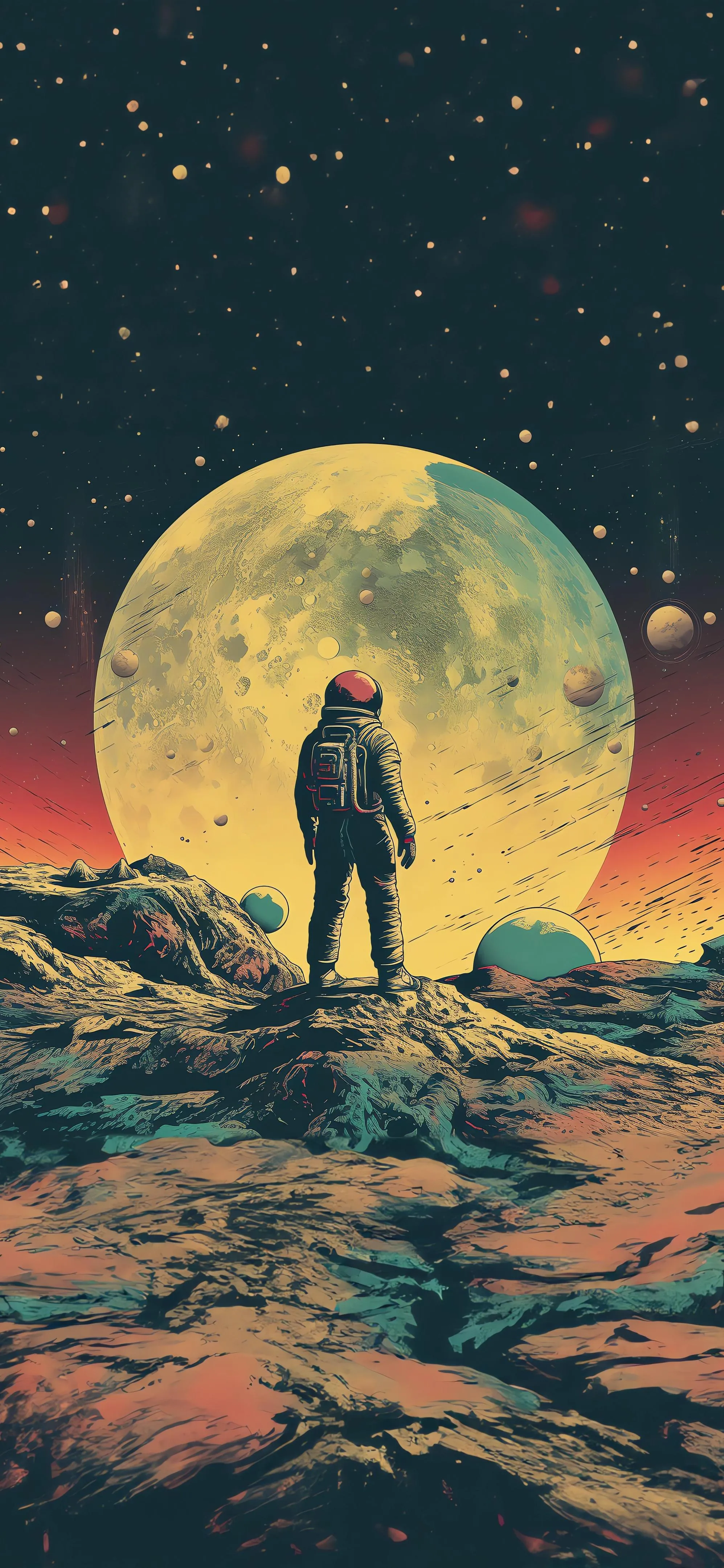 Astronaut Standing Under Full Moon in Desert Land Wallpaper