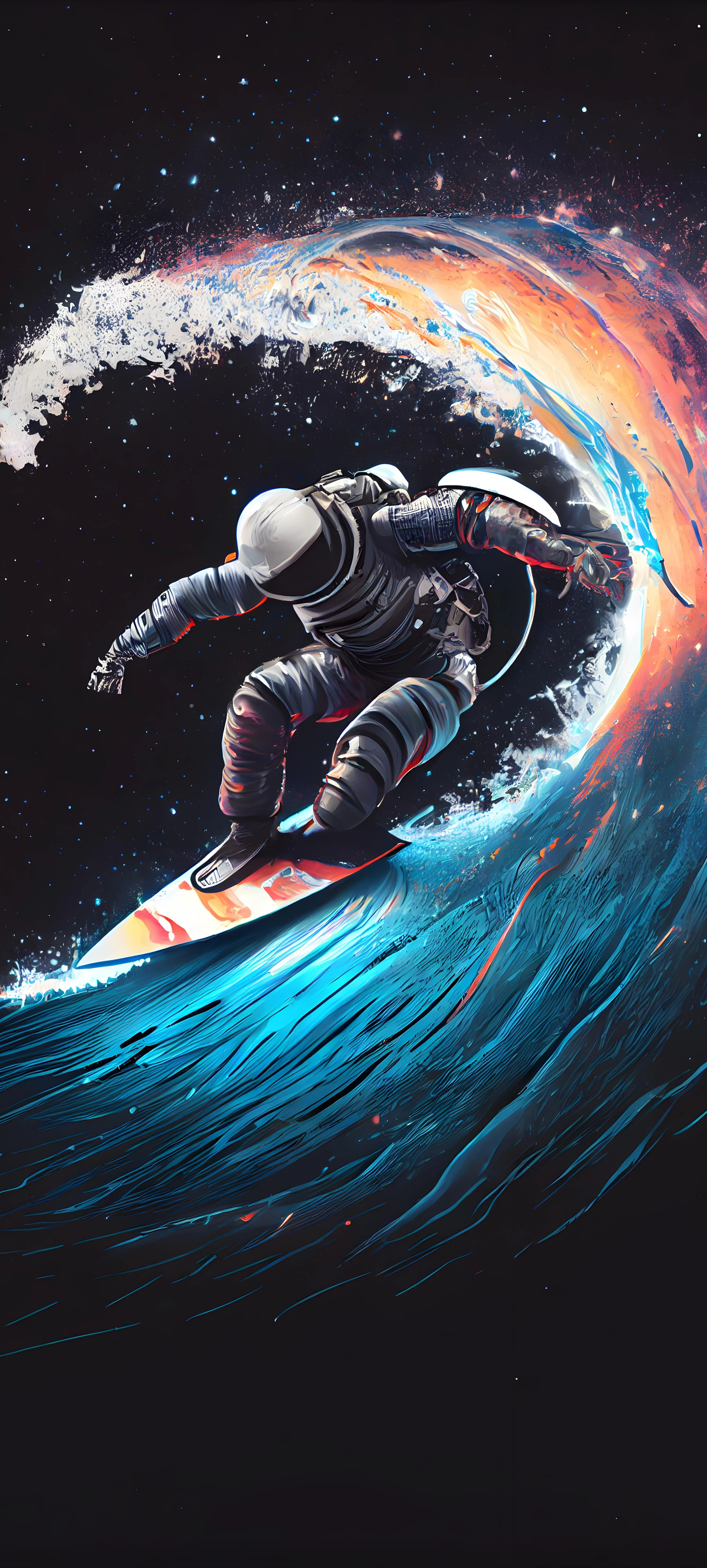 Astronaut Surfing on Fiery Wave in Space Digital Artwork