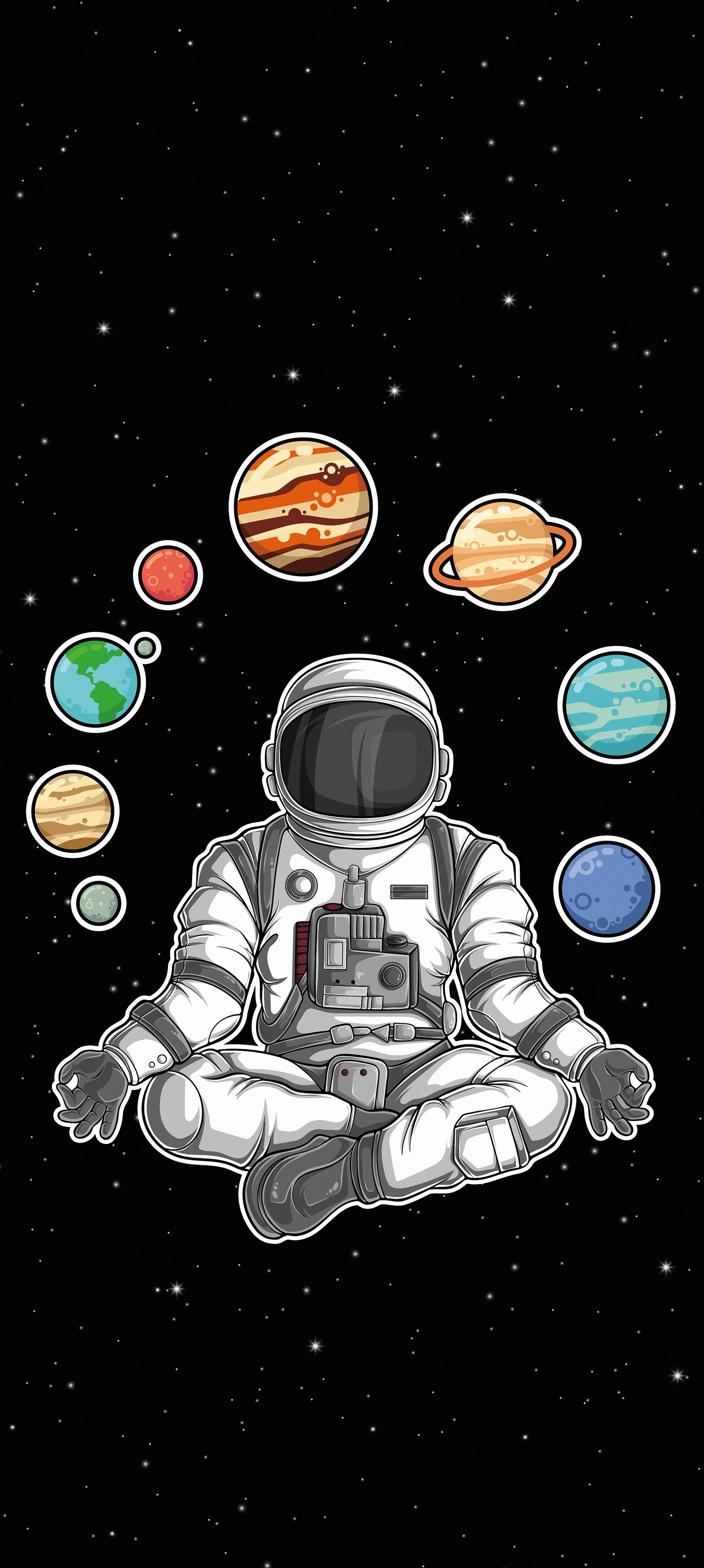 Astronaut Surrounded by Planets in Space Illustration
