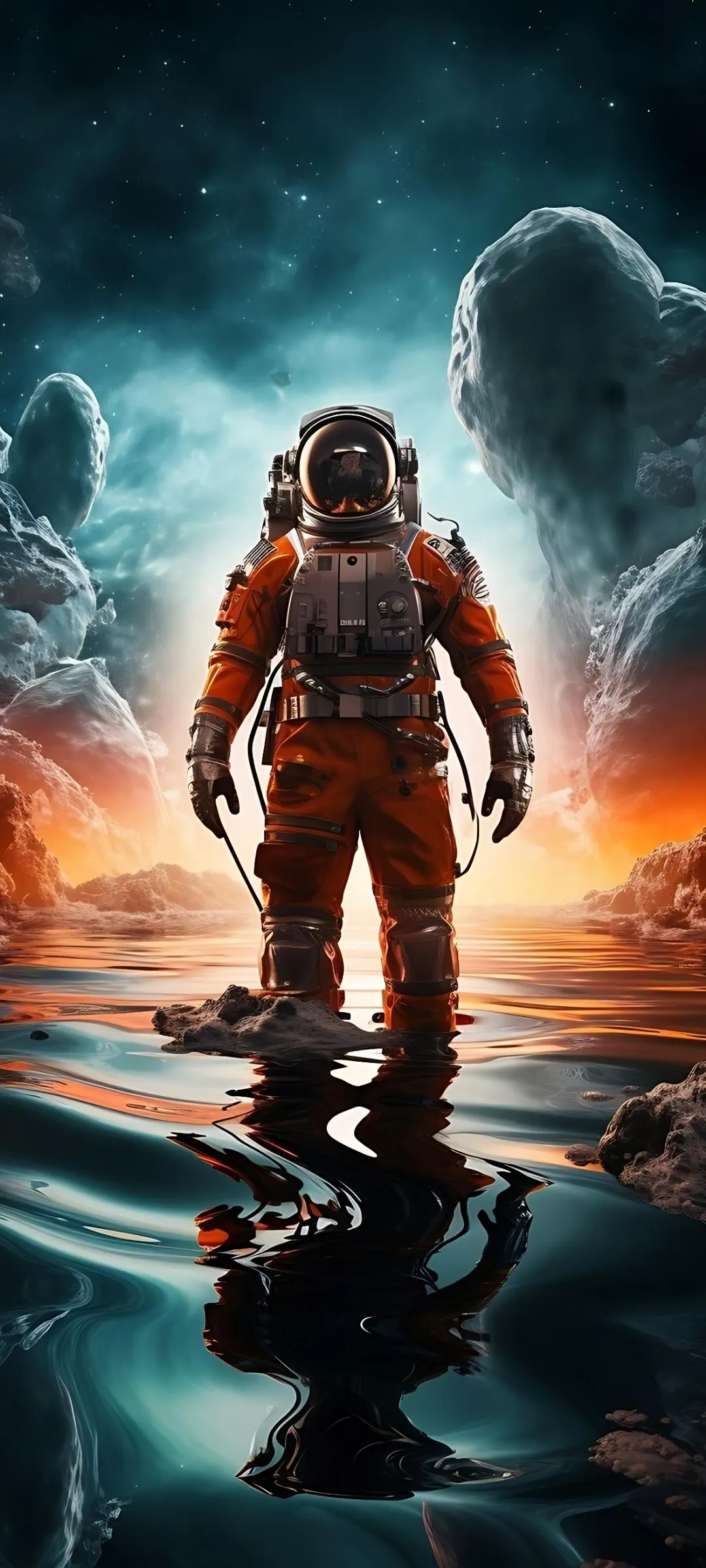 Astronaut Walking On Alien Terrain With Moon Behind