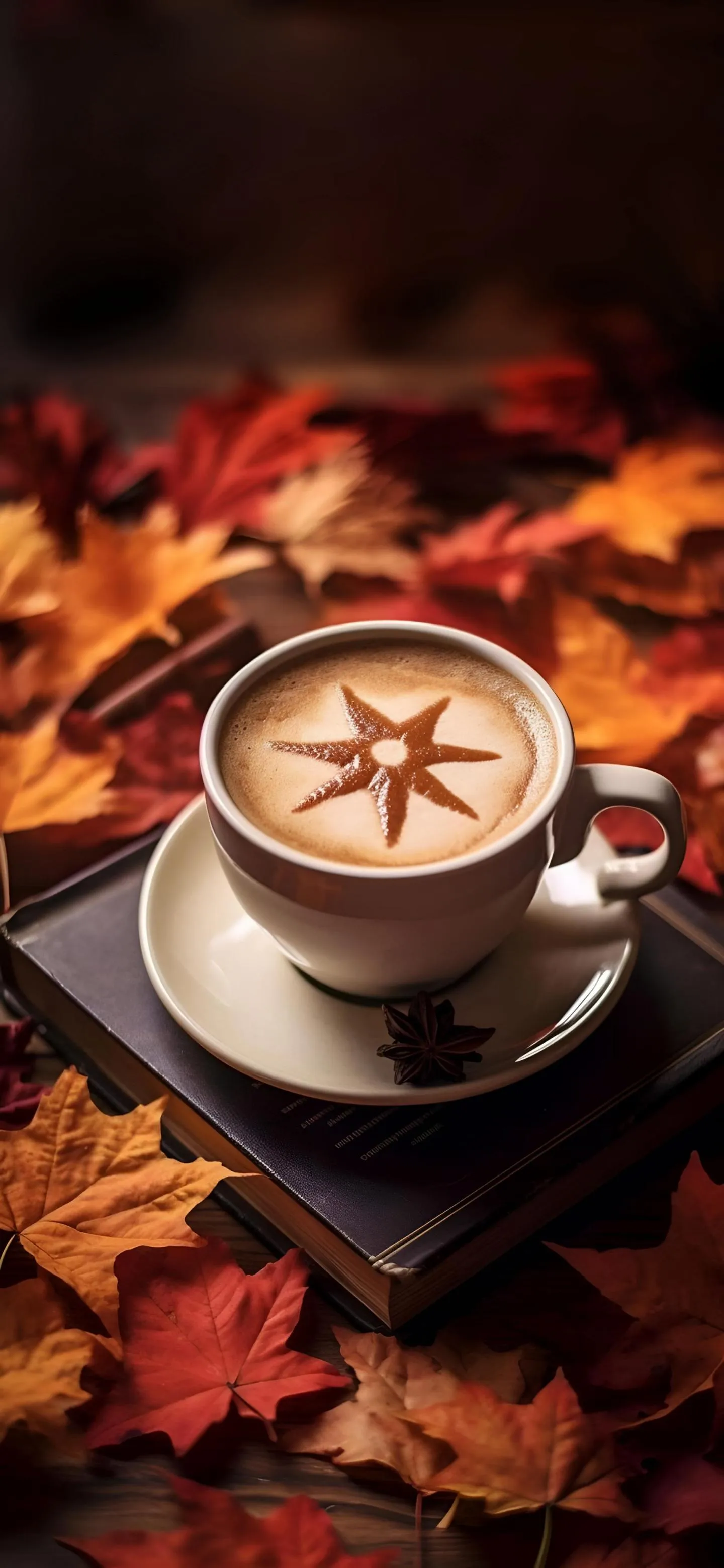 Autumn Coffee Cup with Latte Art on Cozy Leafy Table