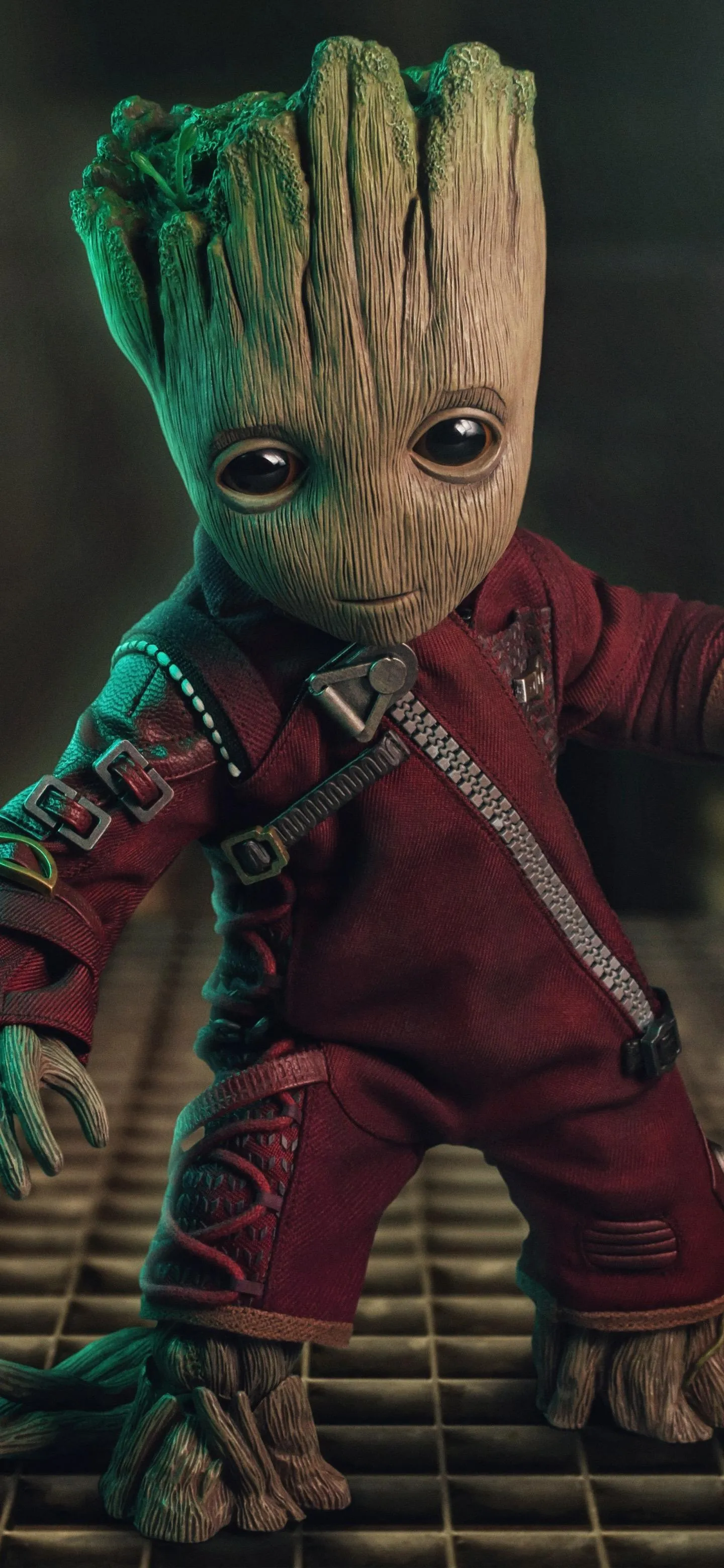 Baby Groot Standing in Forest with Wooden Background