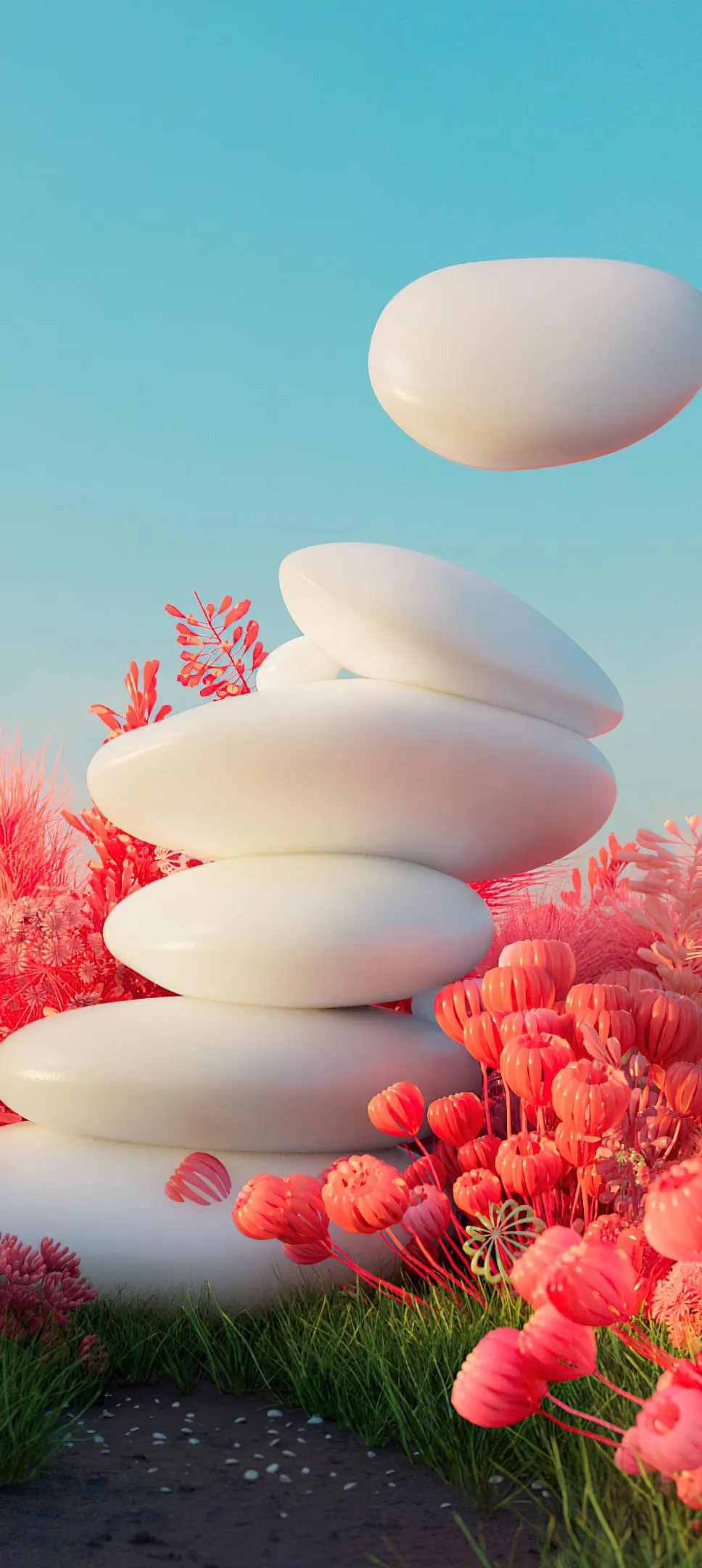 Balanced White Stones with Pink Flower in Focus Wallpaper