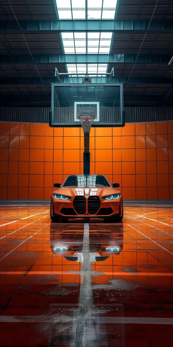 Basketball Court with Orange Car Lighting in Gym Hall