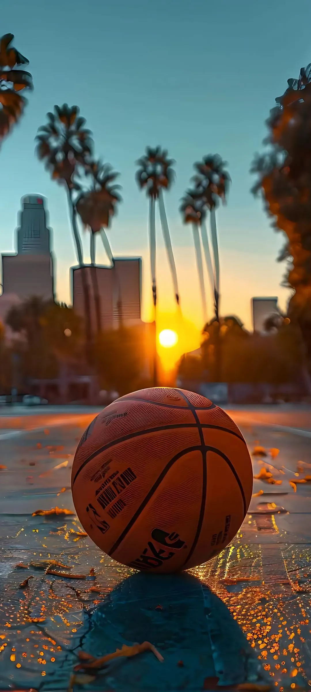 Basketball on Road with Palm Trees Sunset Wallpaper