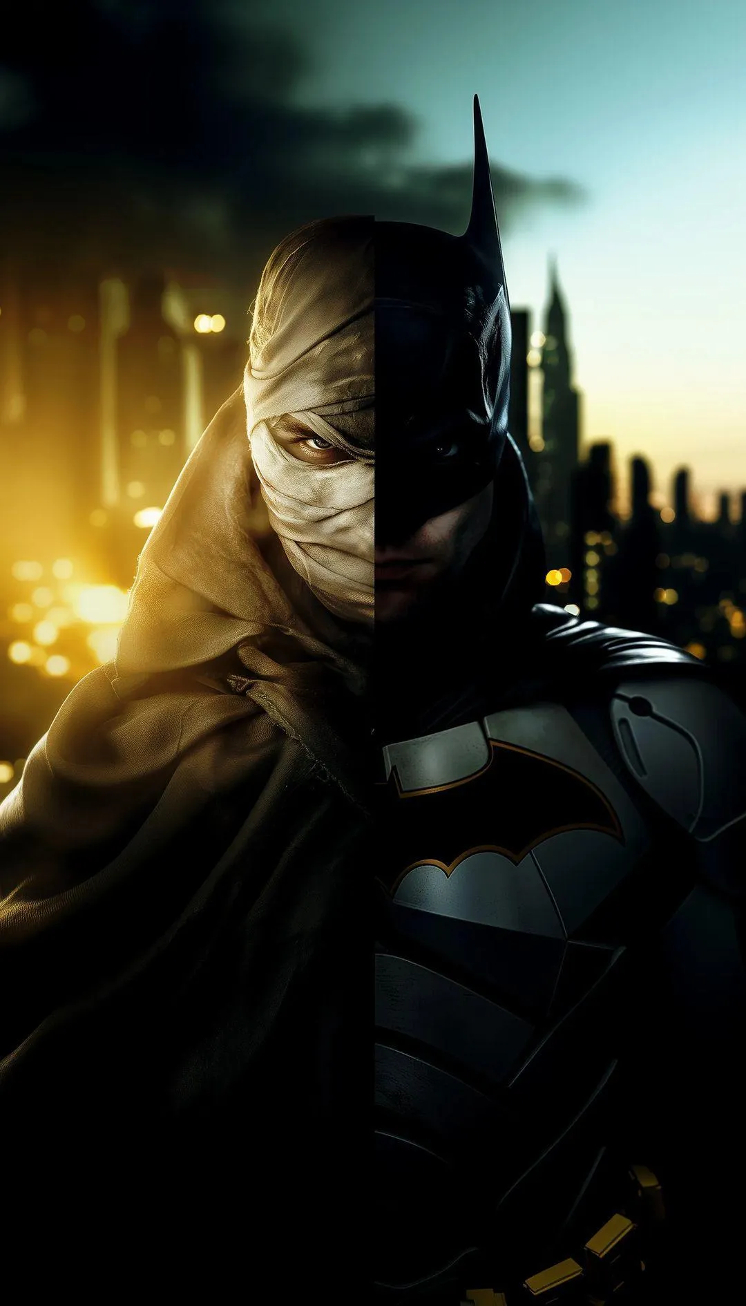 Batman Standing in Dark City with Glowing Skyline Wallpaper