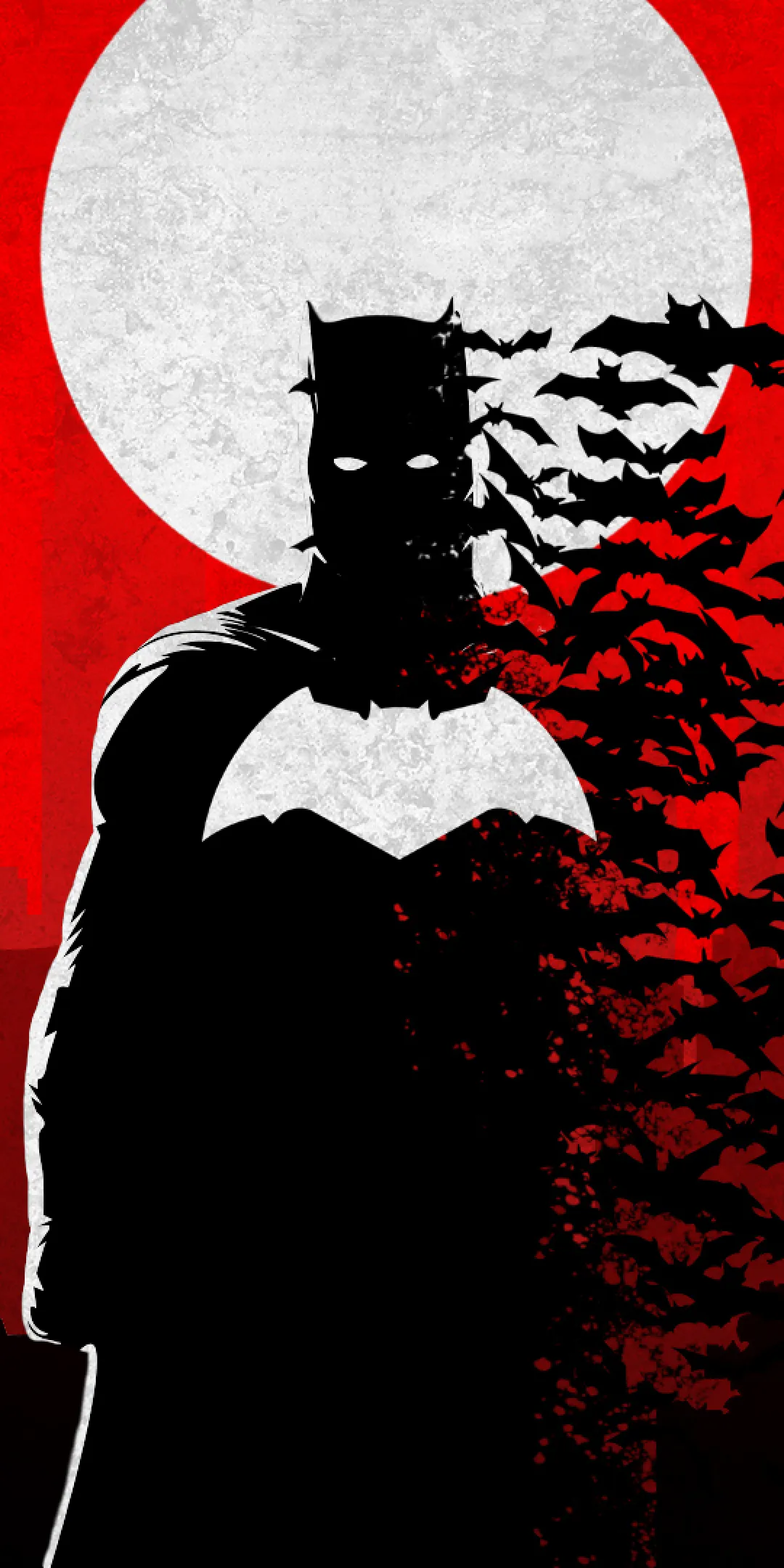 Batman Standing Under Red Rising Sun with Bats Wallpaper