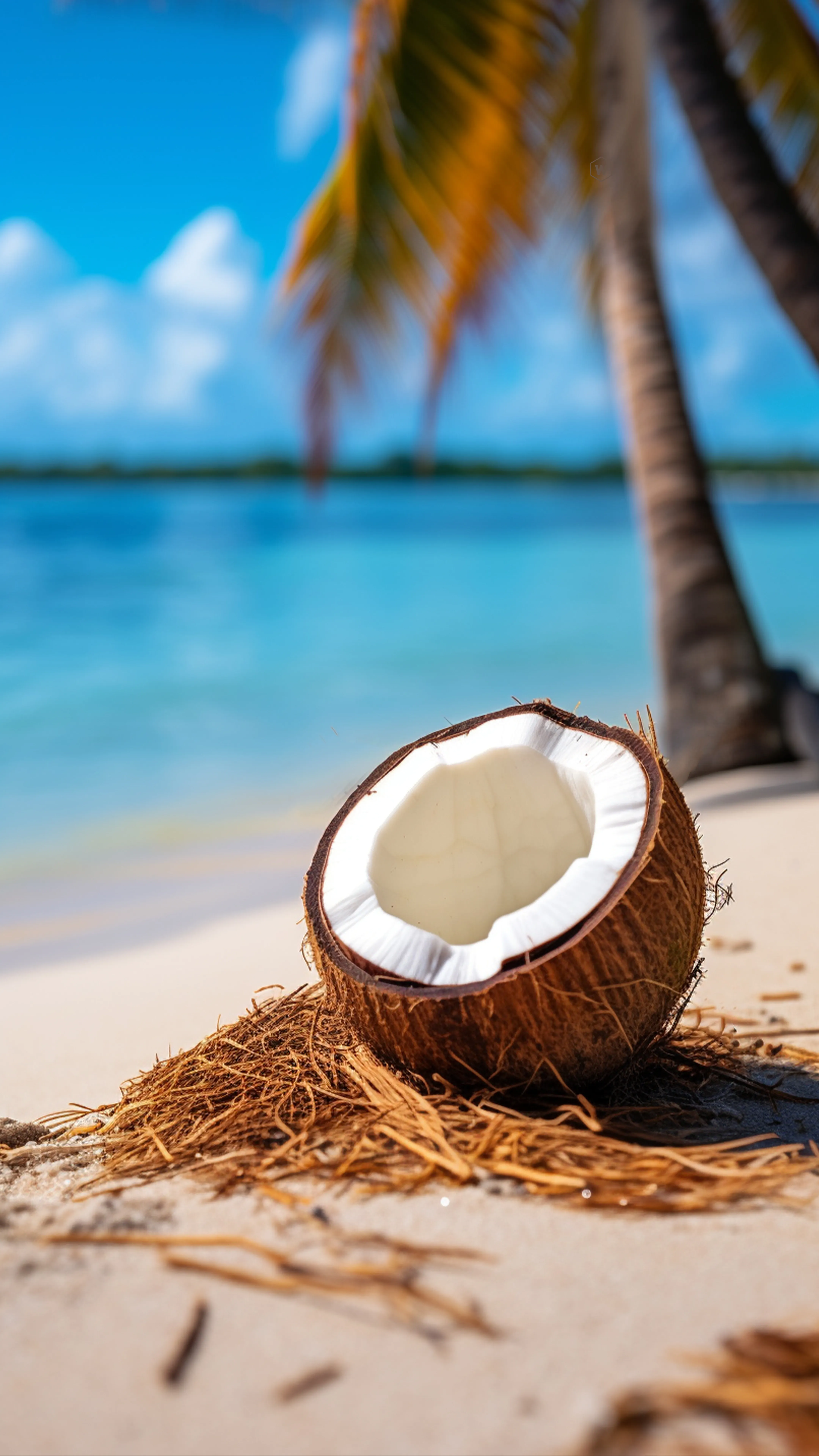 Beach with Coconut and Palm Tree on Sunny Day HD Image