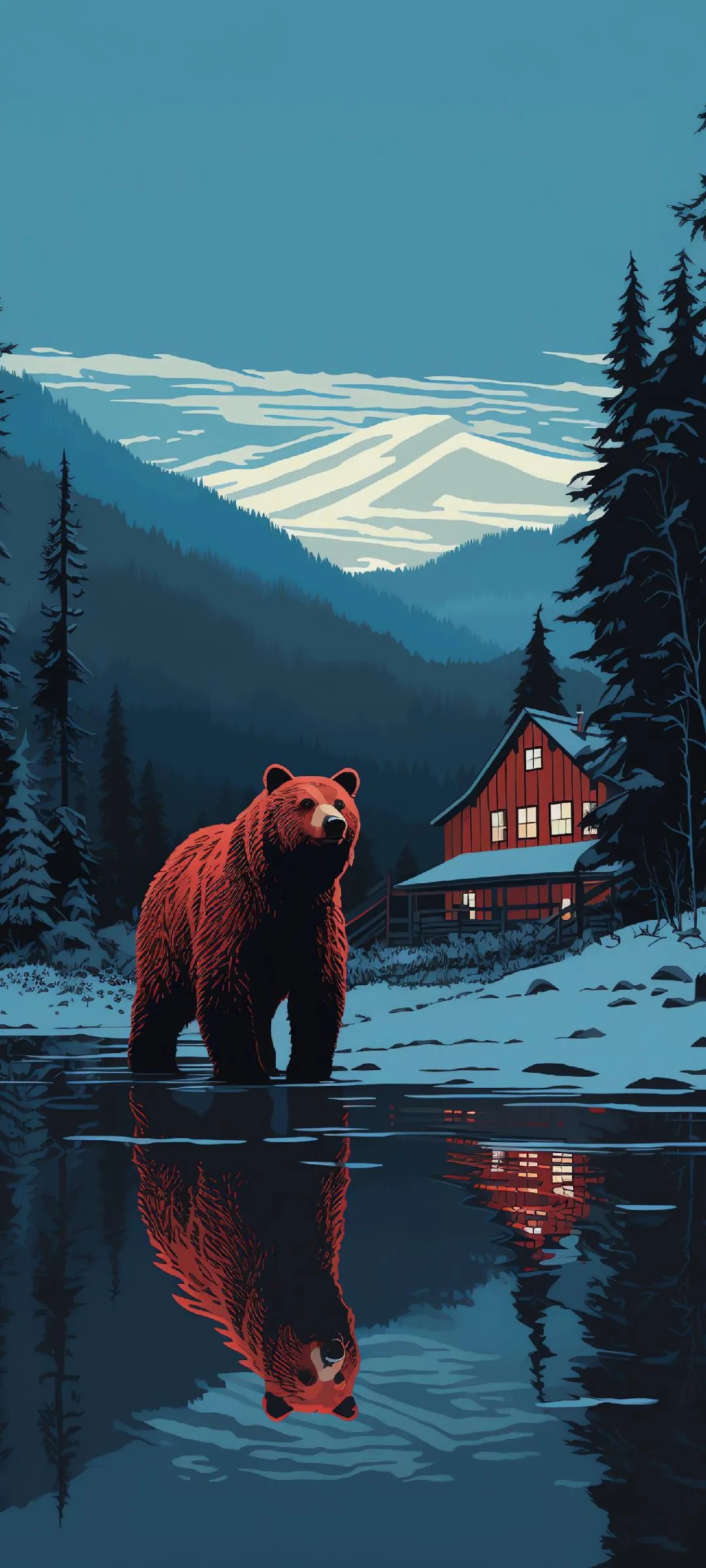 Bear Standing Near Lake in Mountains Scenic Wallpaper