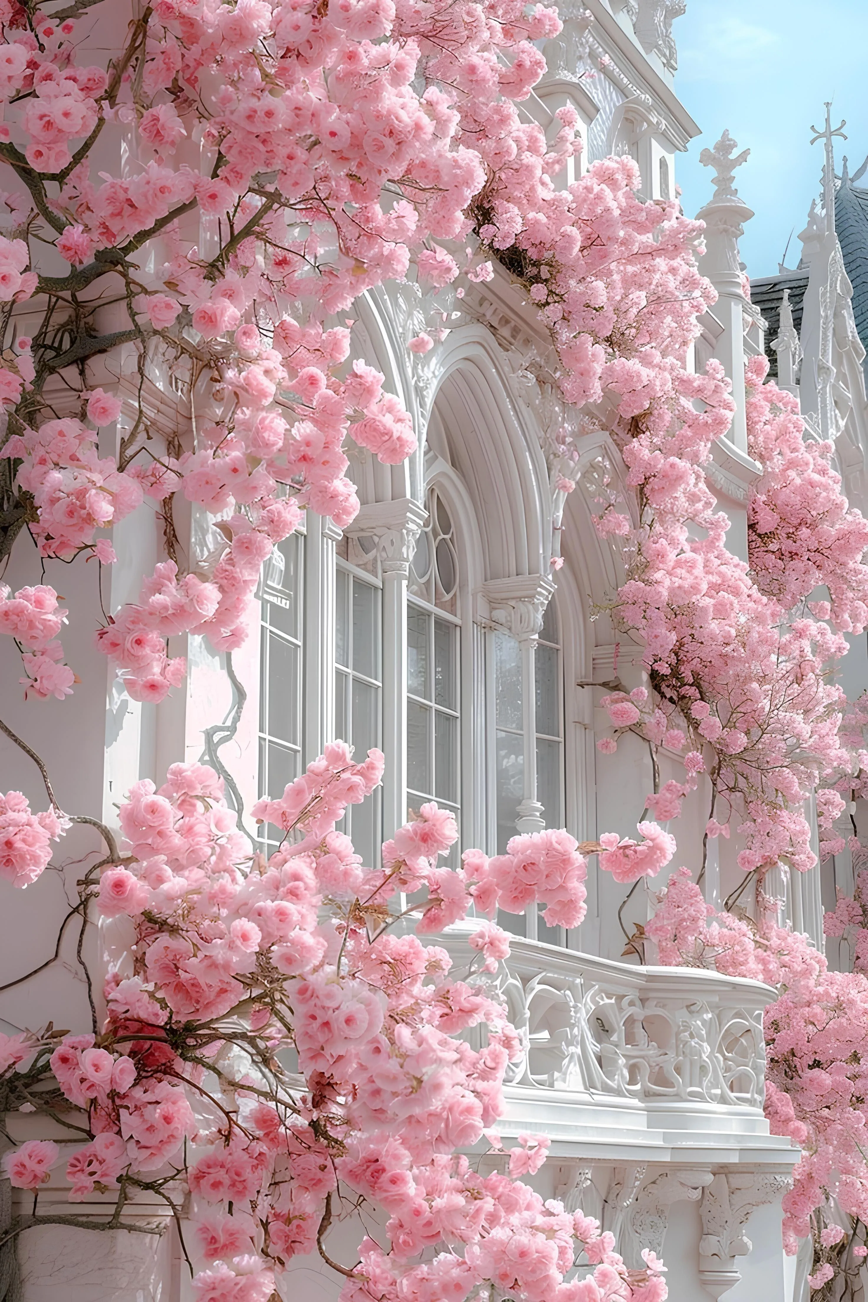 Beautiful Cherry Blossoms Near Elegant White Structure