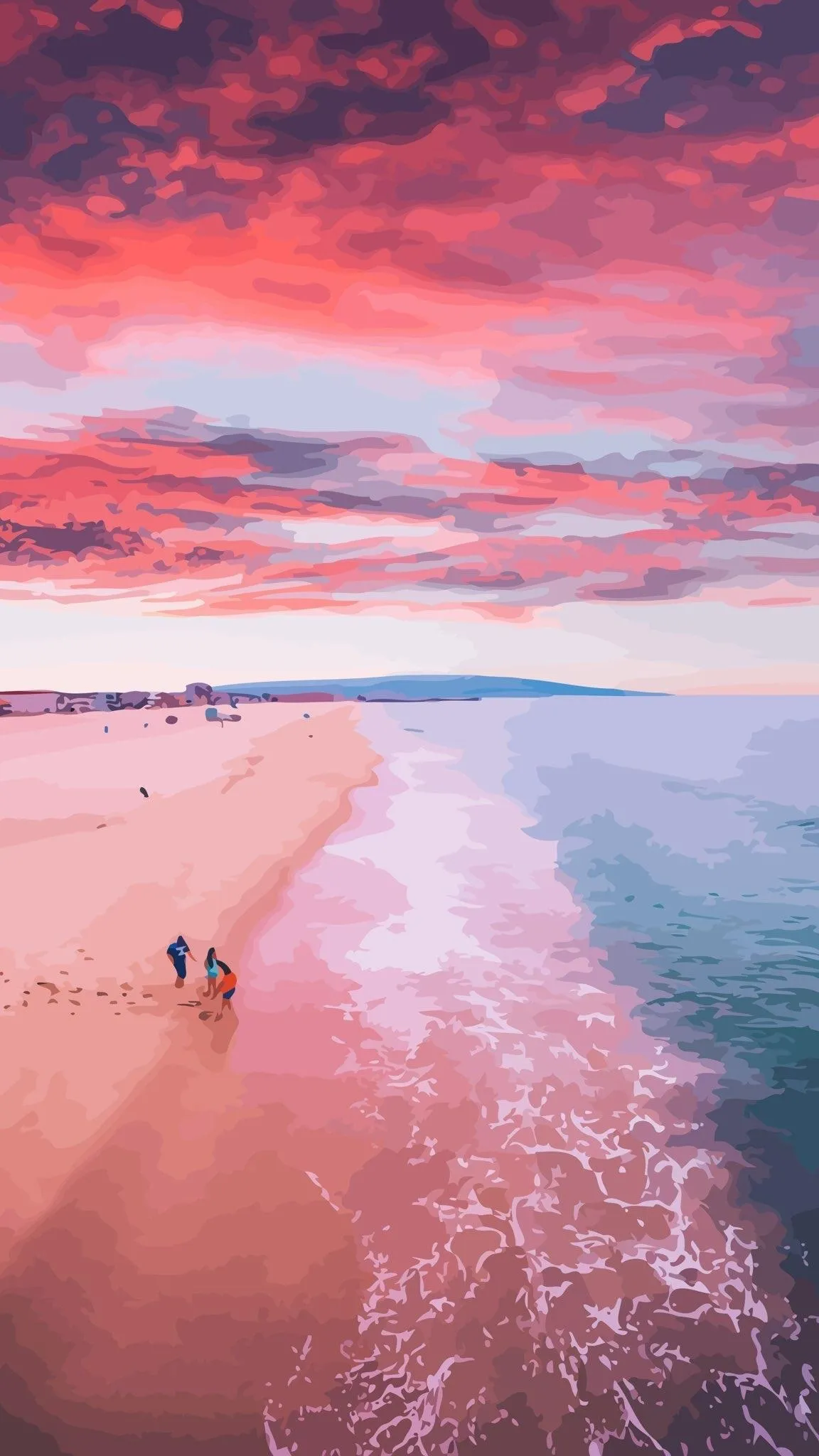 Beautiful pink sunset over serene ocean shore Wallpaper