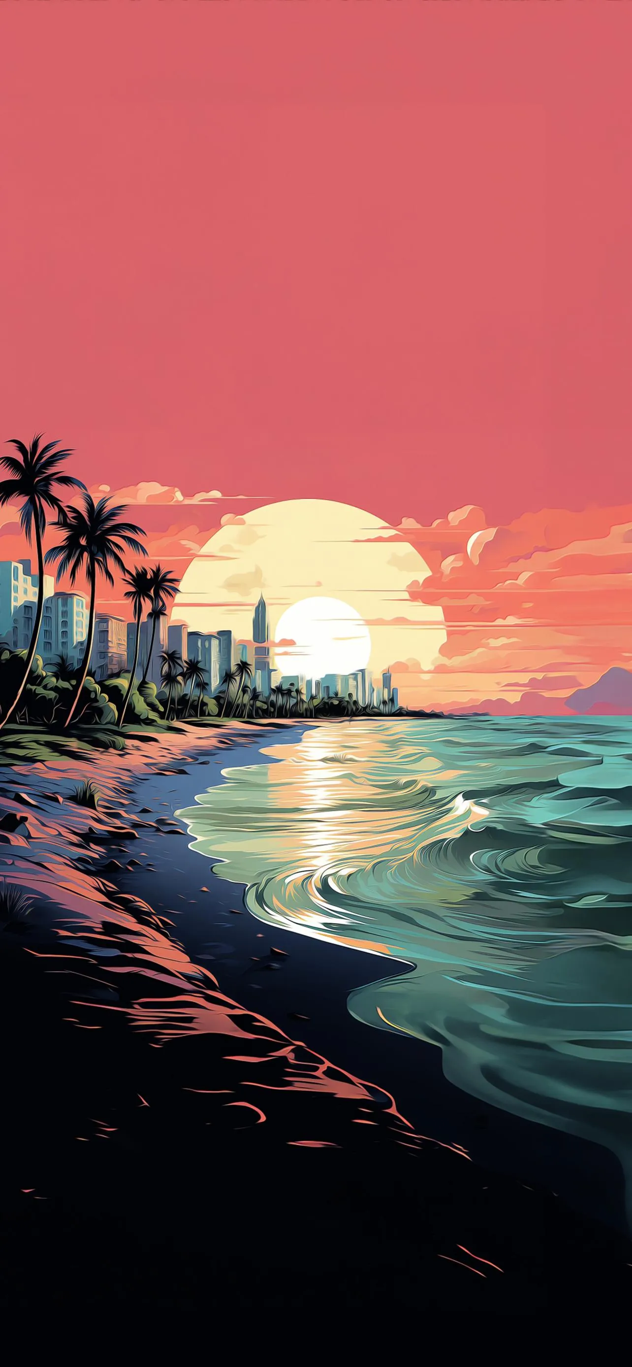 Beautiful Sunset Over Calm Sea with Palm Trees Wallpaper