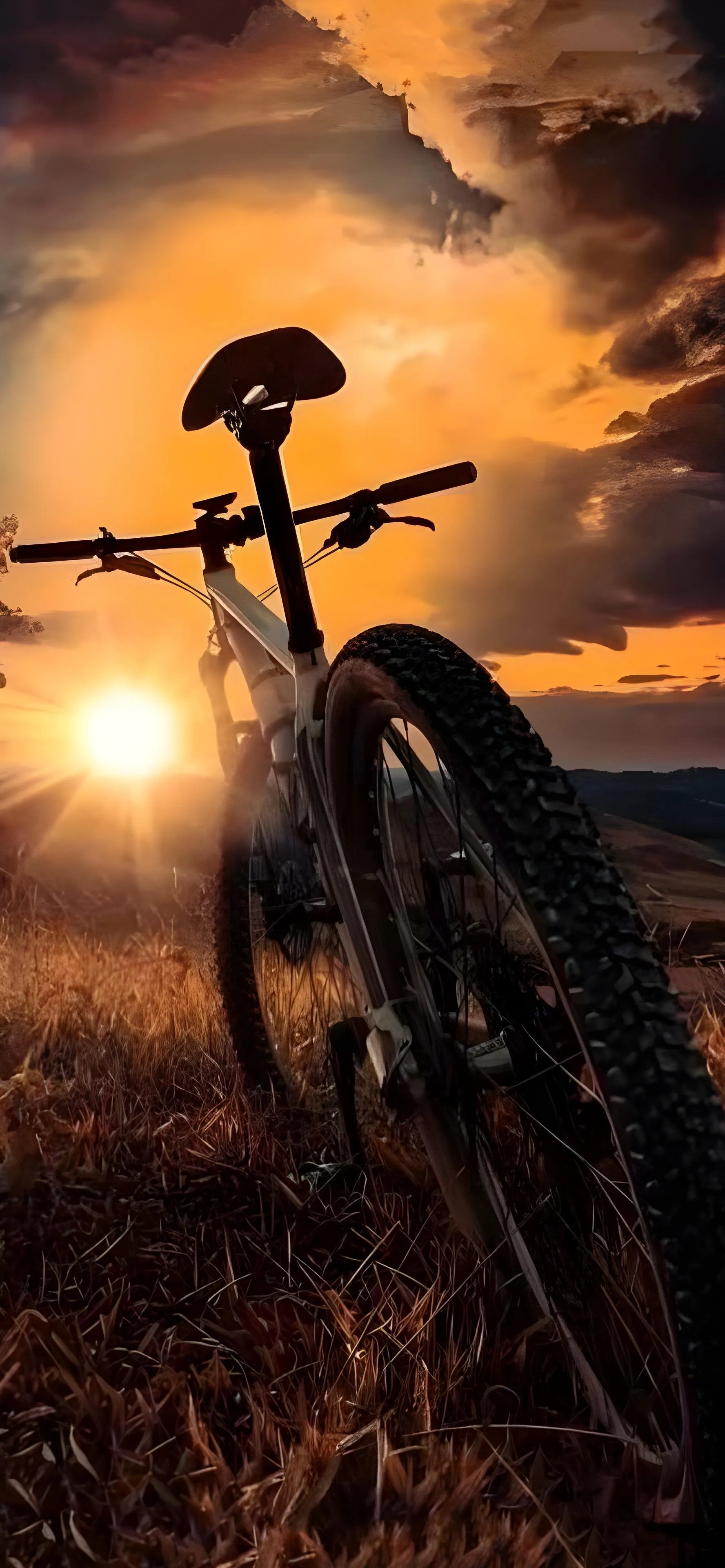 Bicycle Silhouette at Sunset with Orange and Purple Sky