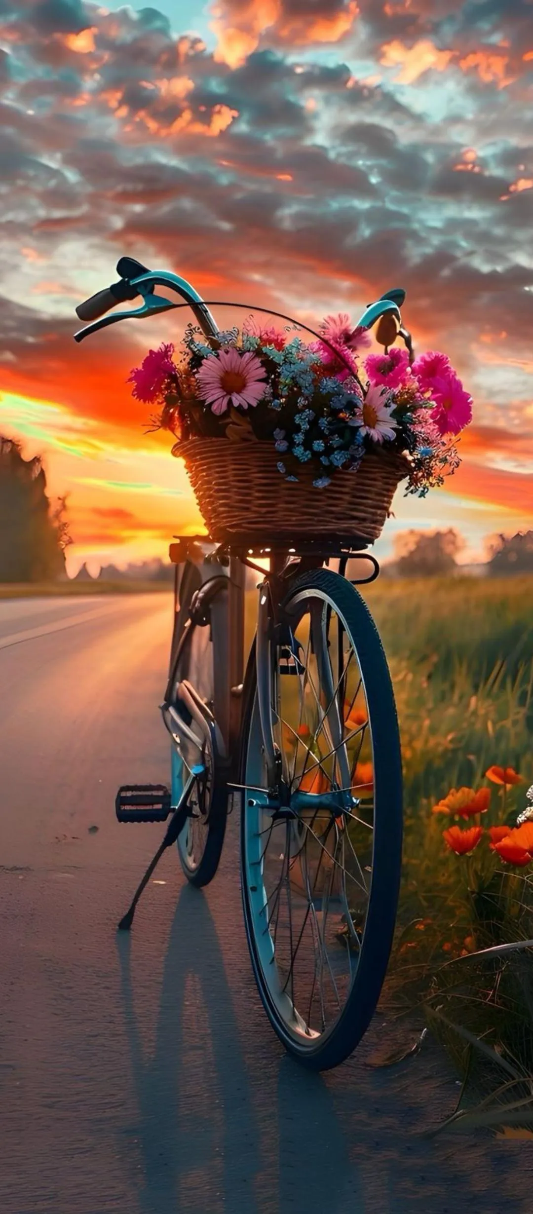 Bicycle With Flowers On Roadside At Sunset Golden Hour