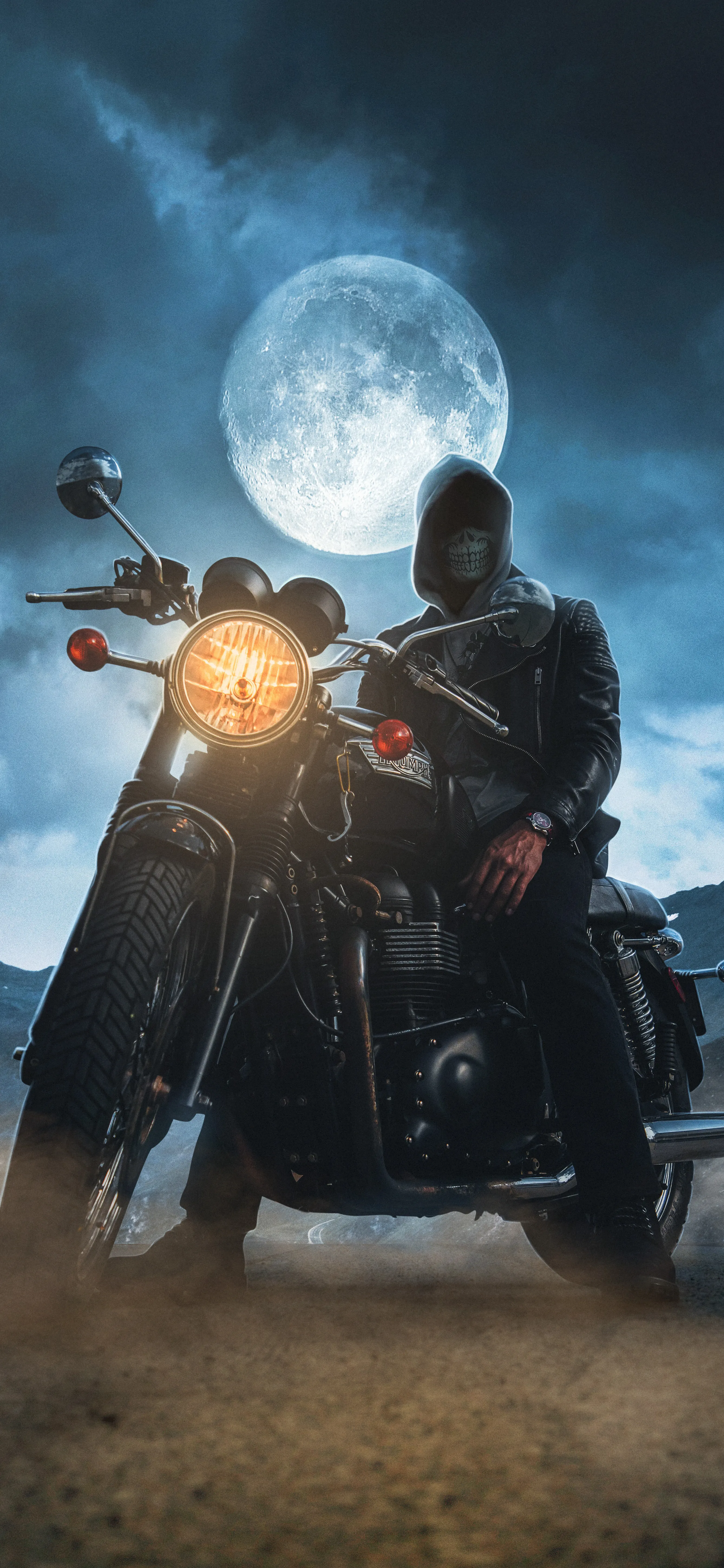 Biker Sitting Under Full Moon in Dusty Night Scene