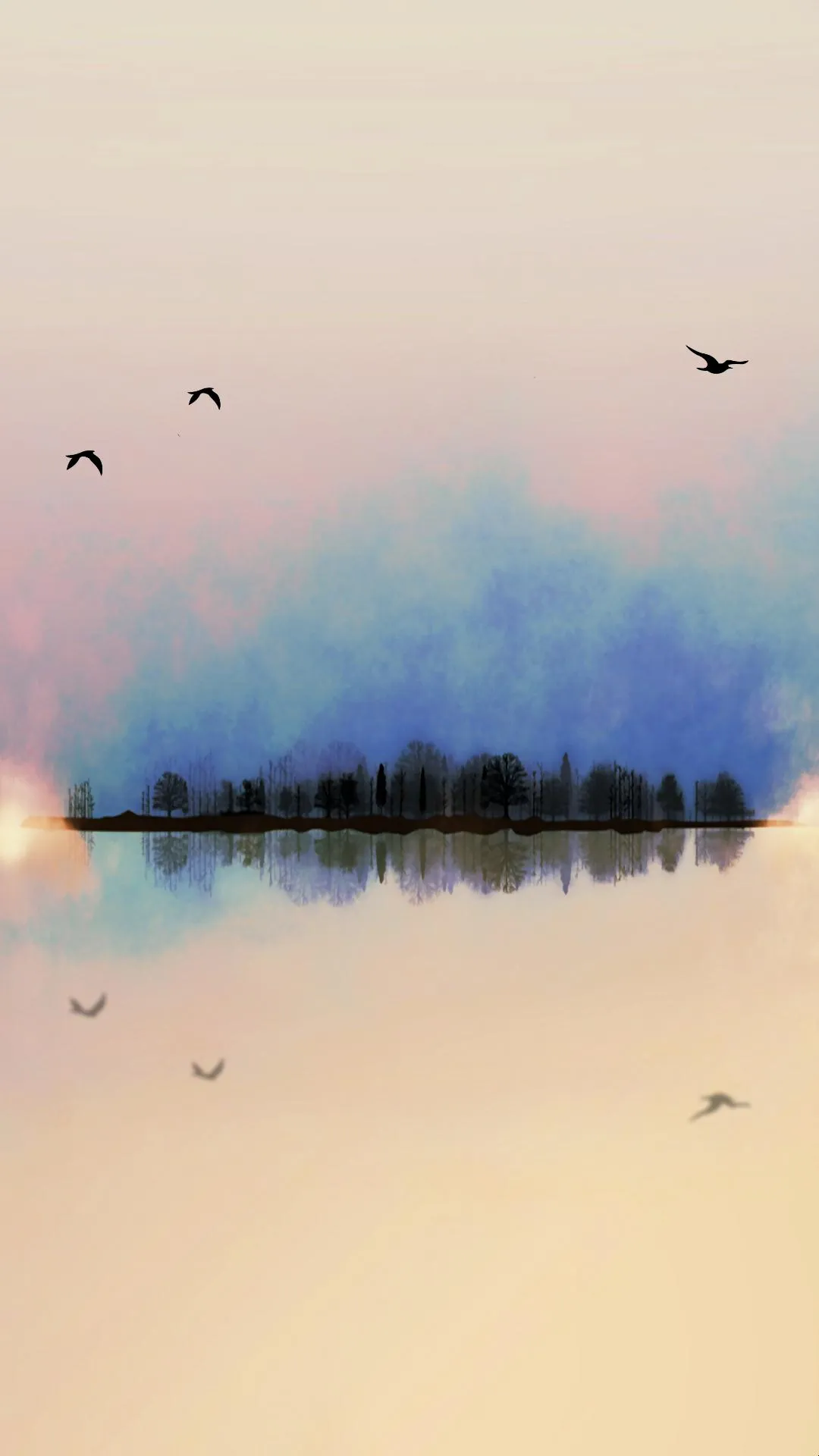 Birds Flying over Lake at Sunrise Landscape Scene Wallpaper