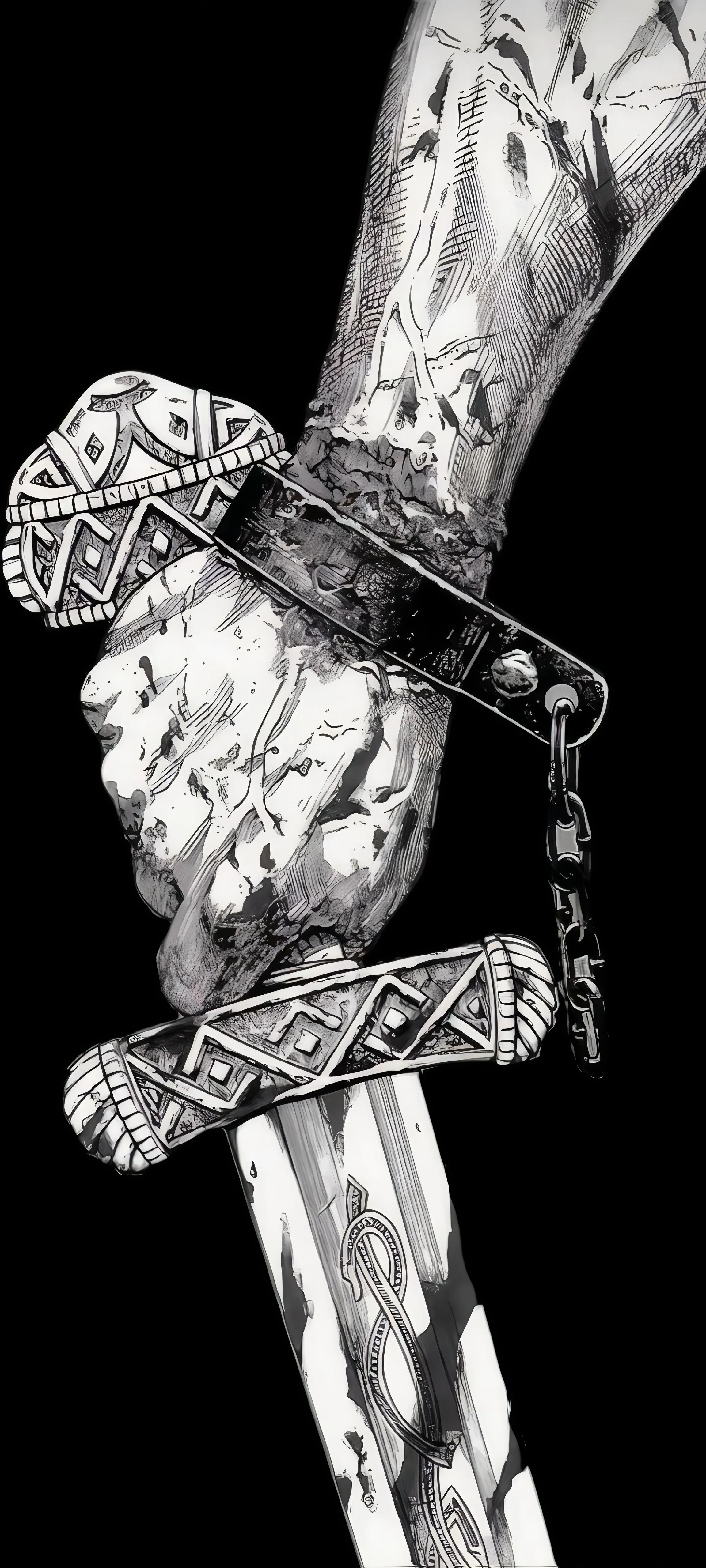 Black and White Artistic Tattooed Hand Holding Dagger