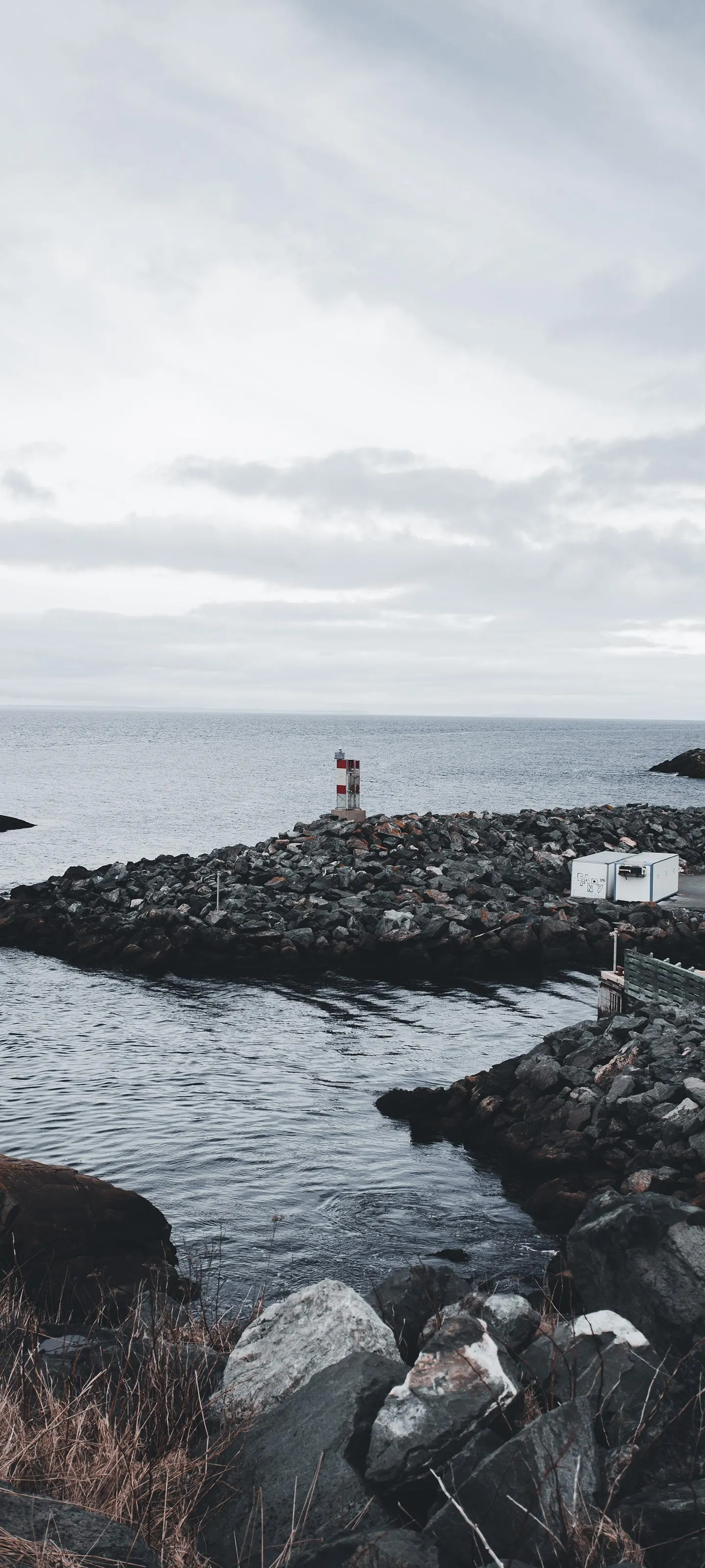 Black and White Coastal Scene with Rocks and Ocean Wallpaper