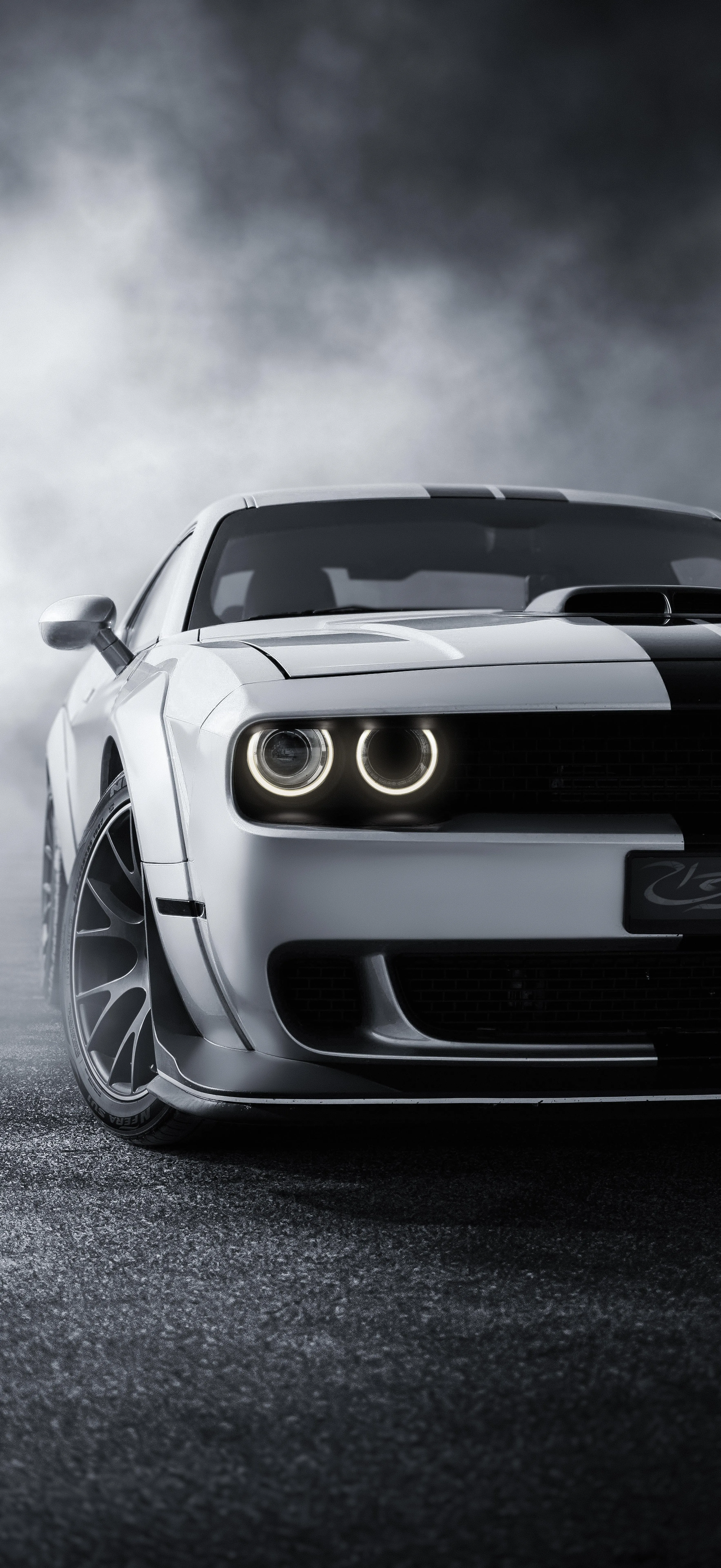 Black and White Muscle Car with Dramatic Lighting Wallpaper