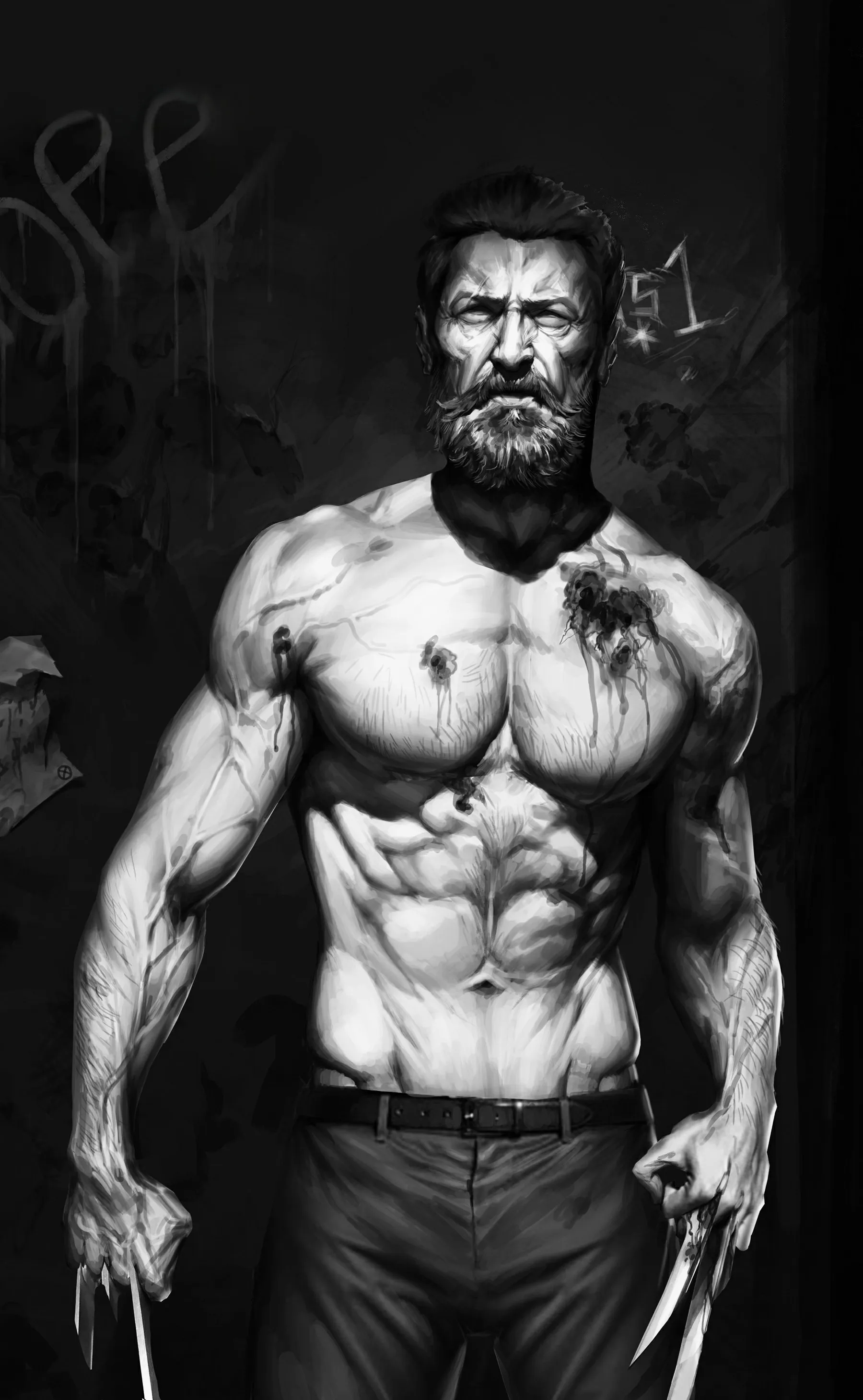 Black and White Portrait of Muscular Man with Beard