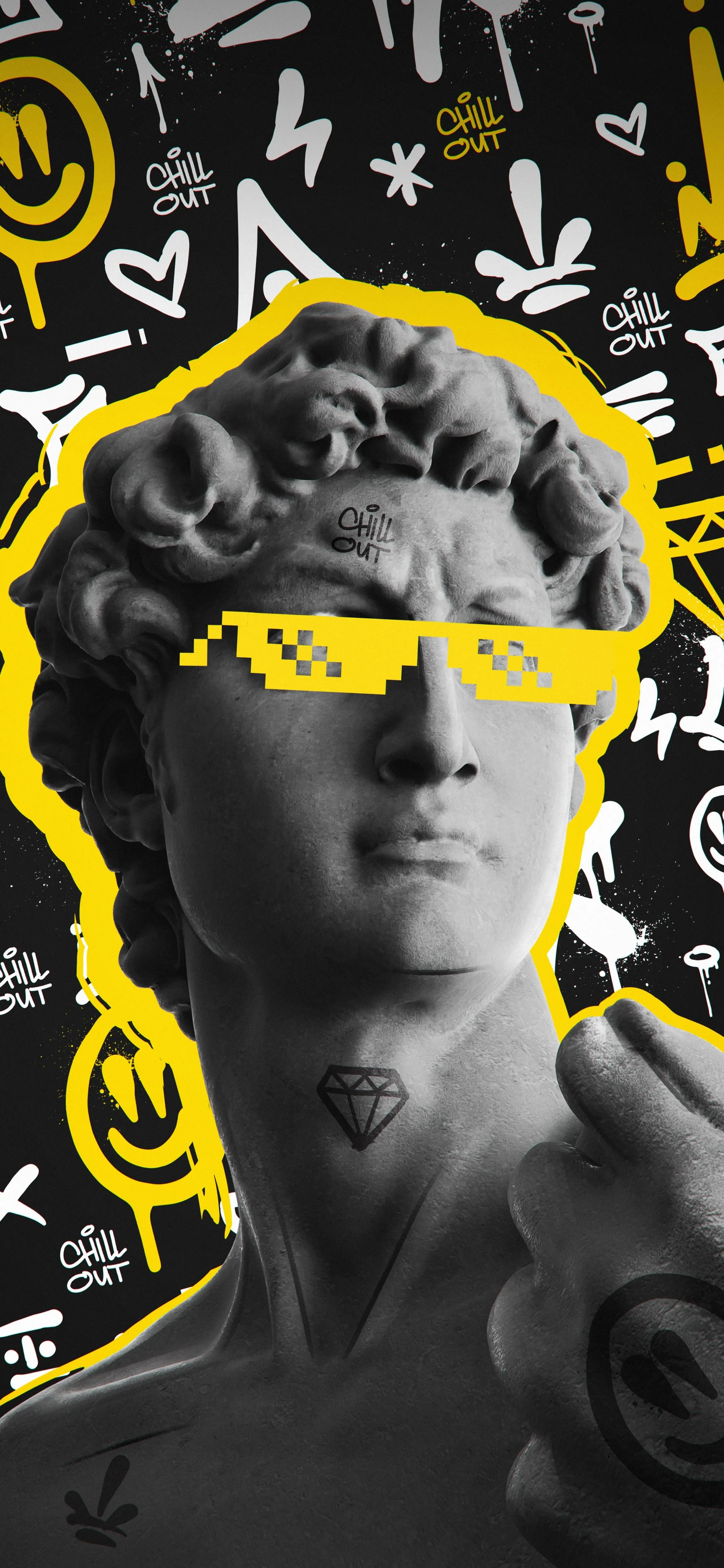 Black and White Statue with Yellow Glasses and Doodles