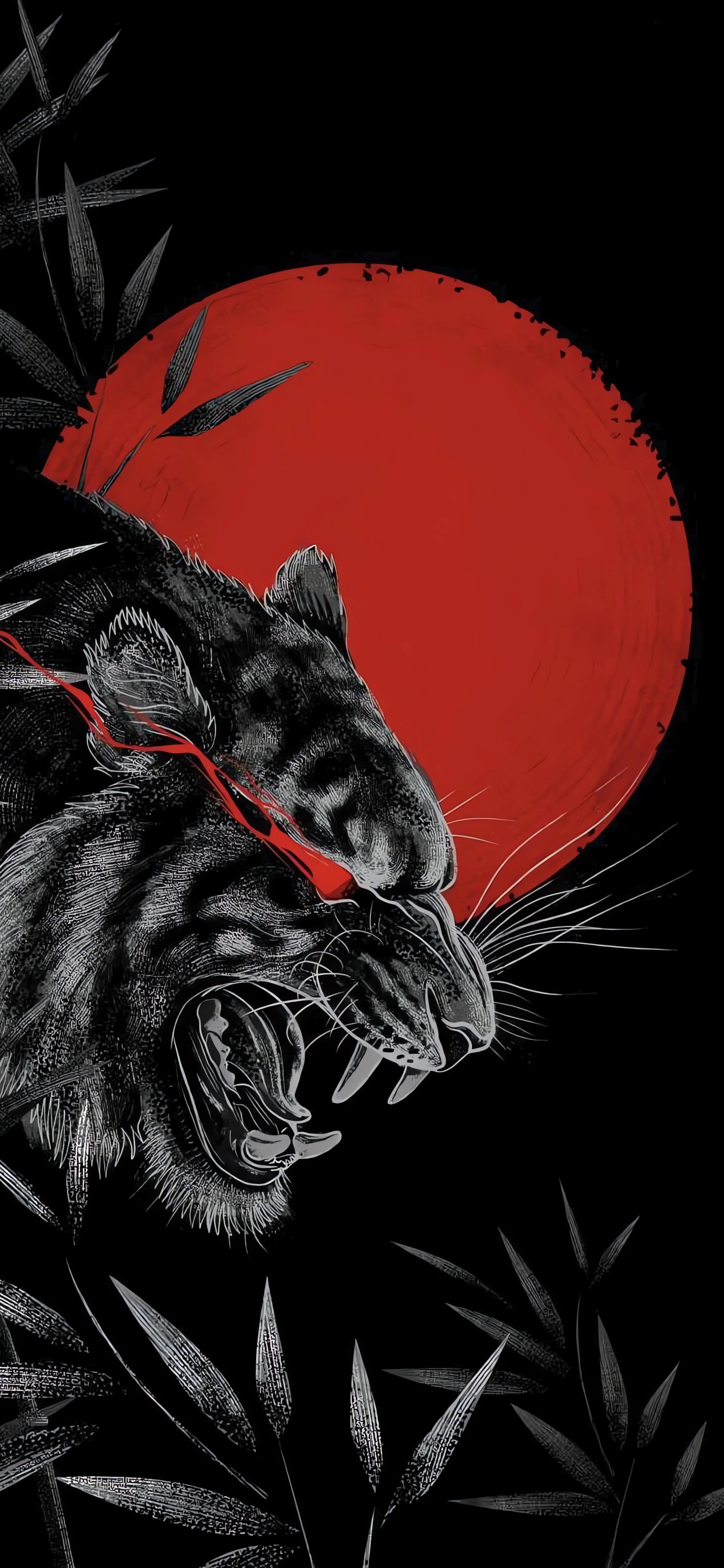 Black and White Tiger Silhouette Against Red Moon Background