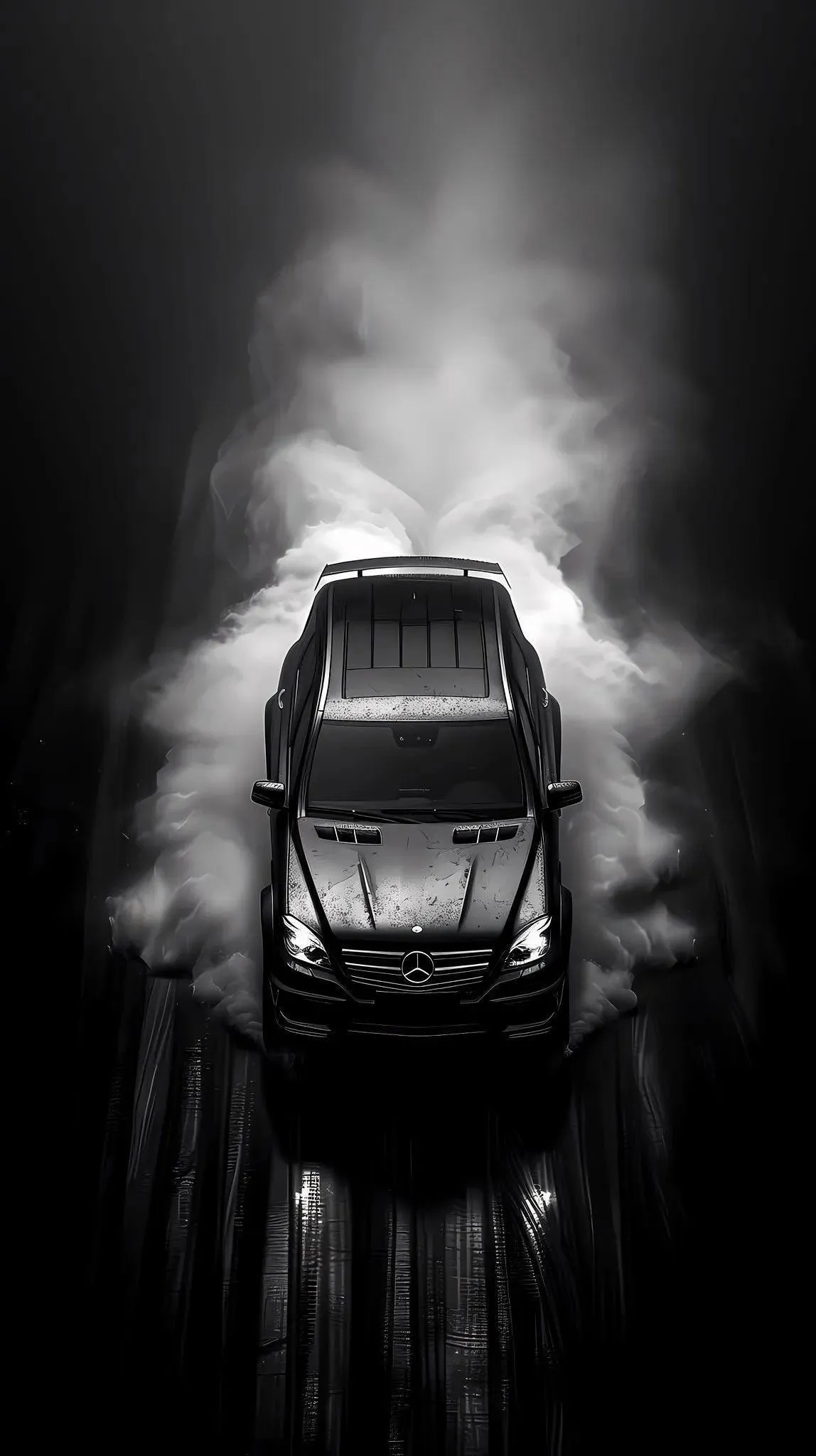 Black Car Surrounded by Smoke Monochrome Wallpaper 4K