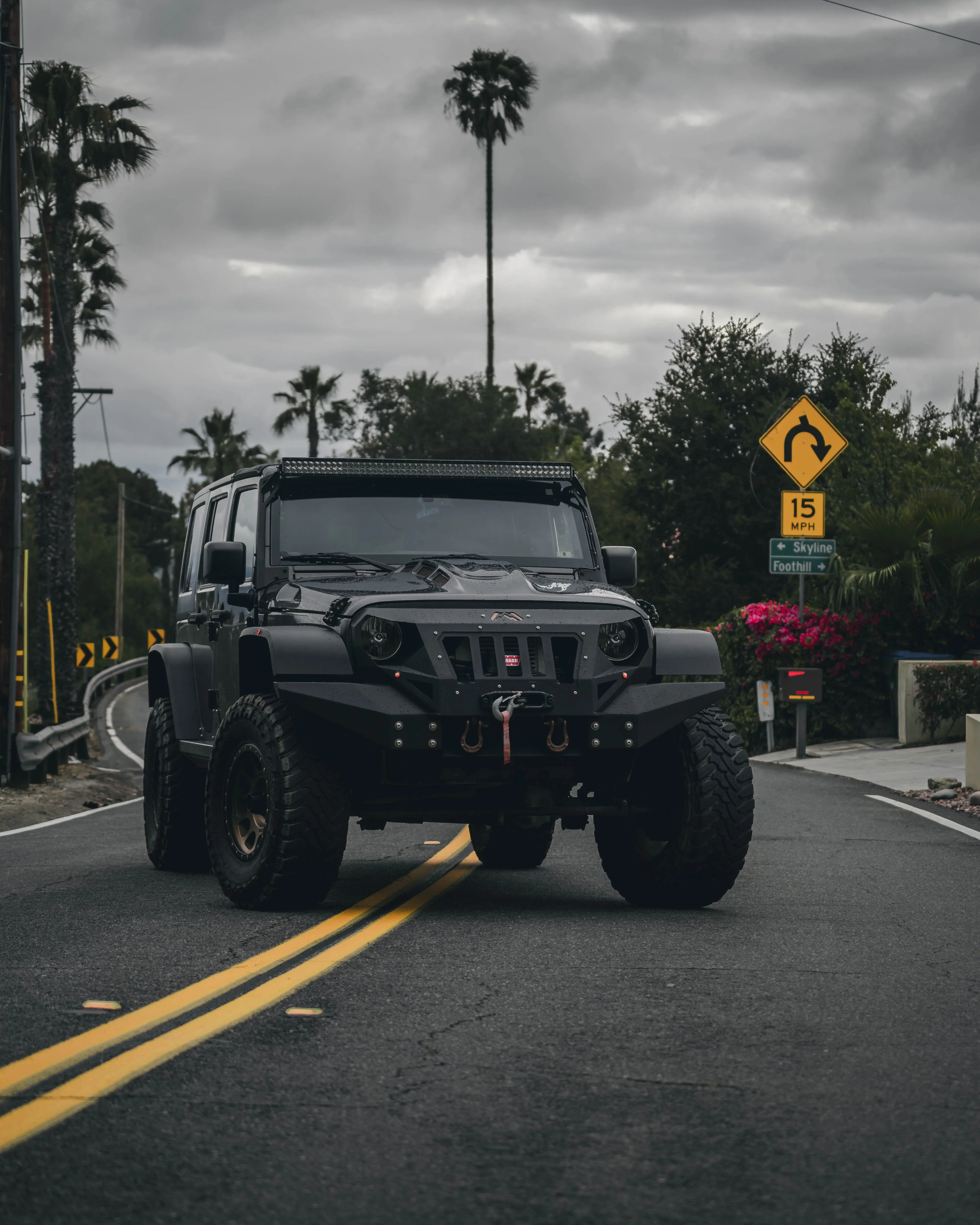 Black Jeep Driving Down City Street Under Palms Wallpaper