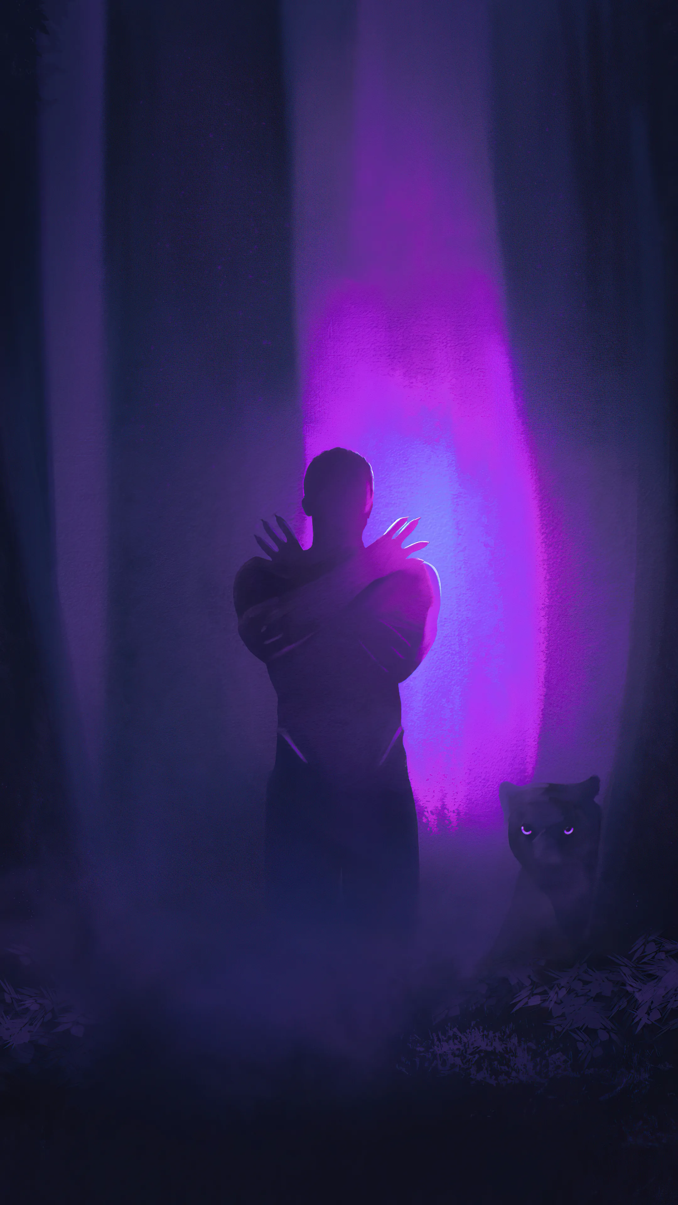 Black Panther Man in Dark Misty Forest with Lights Wallpaper