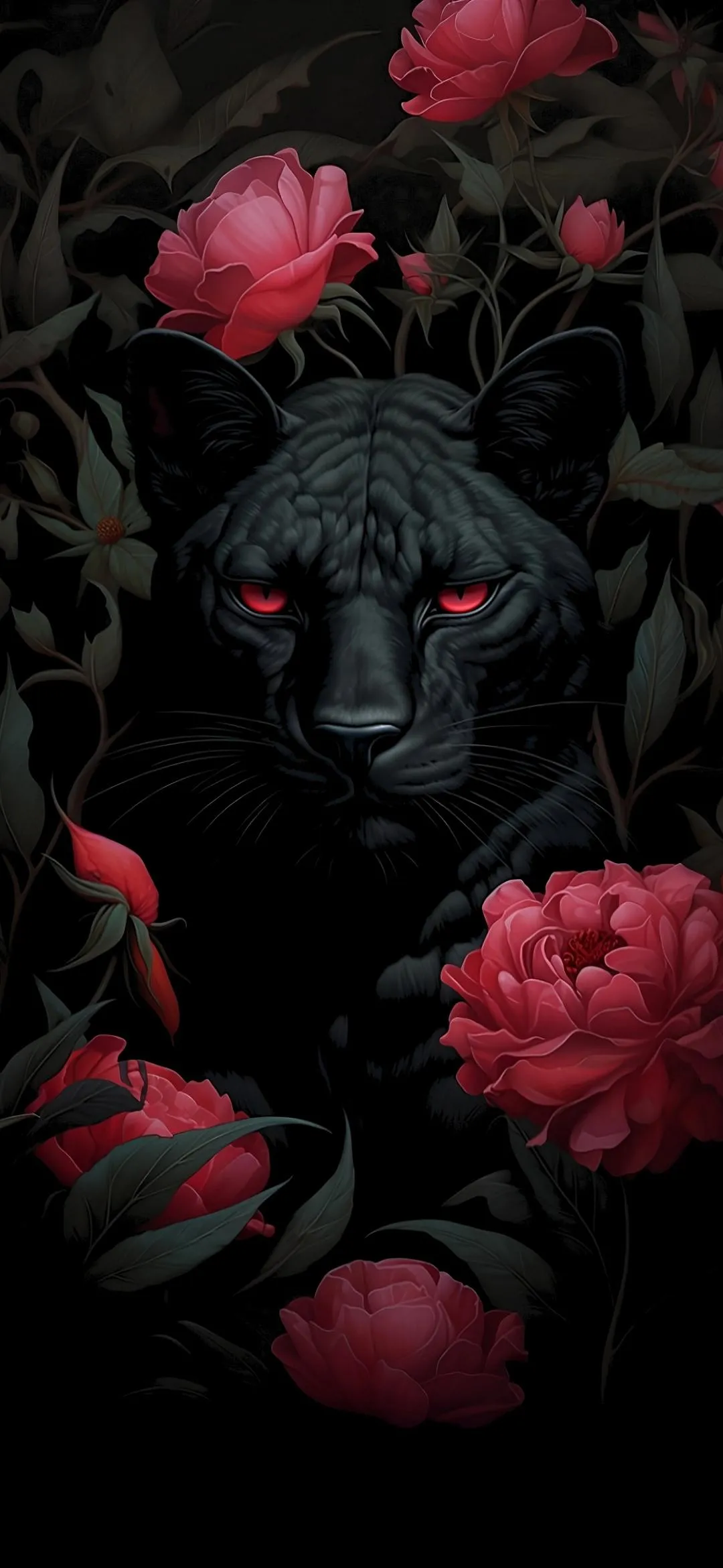 Black Panther Surrounded by Red Roses and Shadows Wallpaper