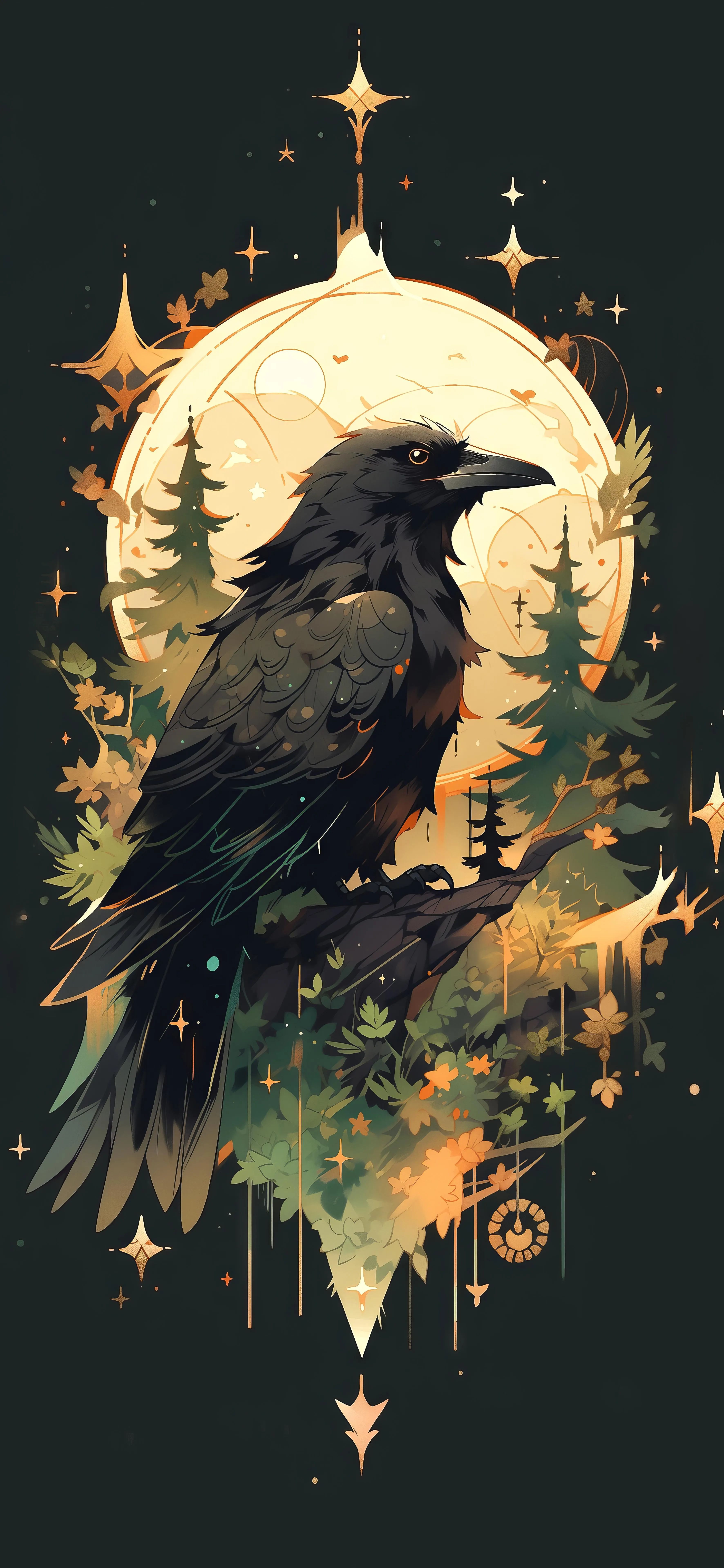 Black Raven with Crown in Golden Magical Background HD