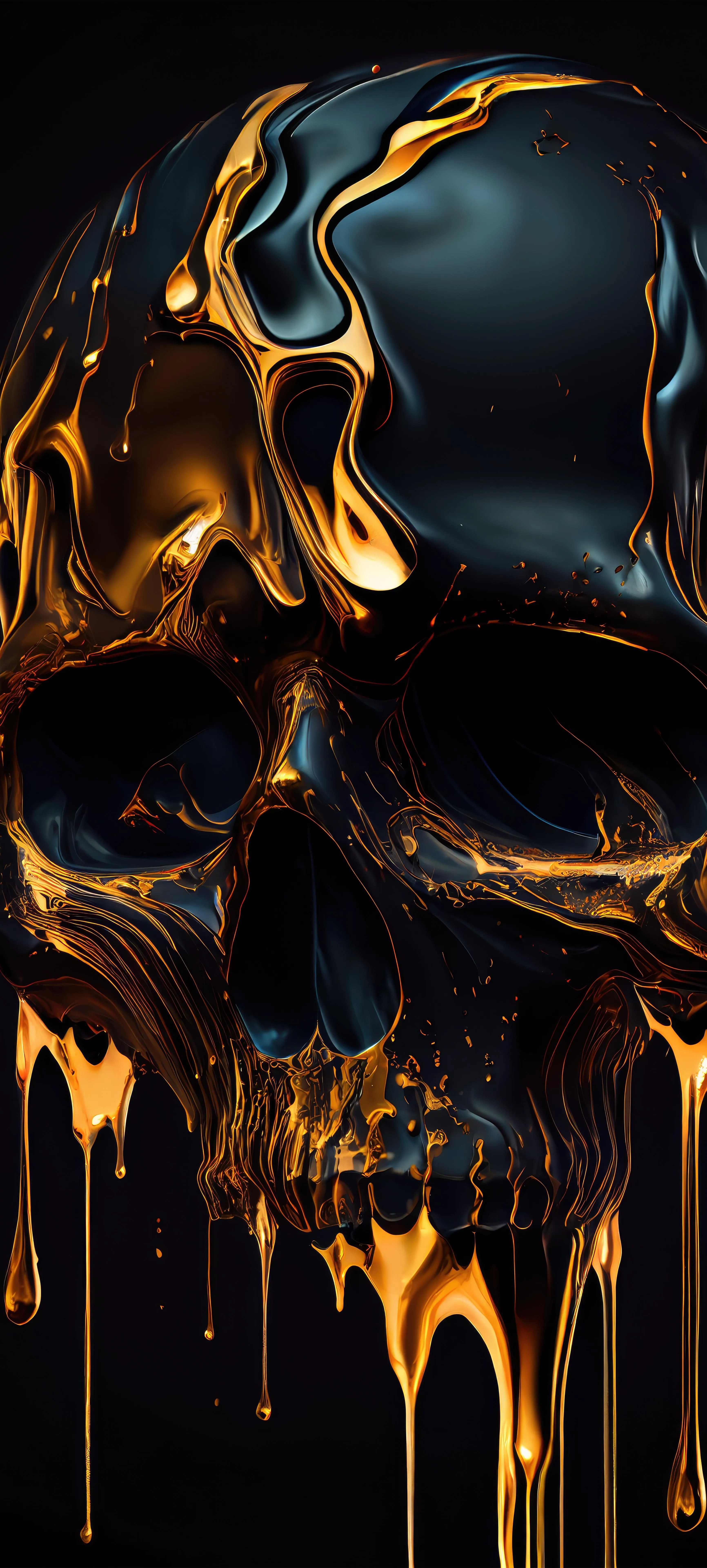 Black Skull with Melting Gold Paint on Dark Background