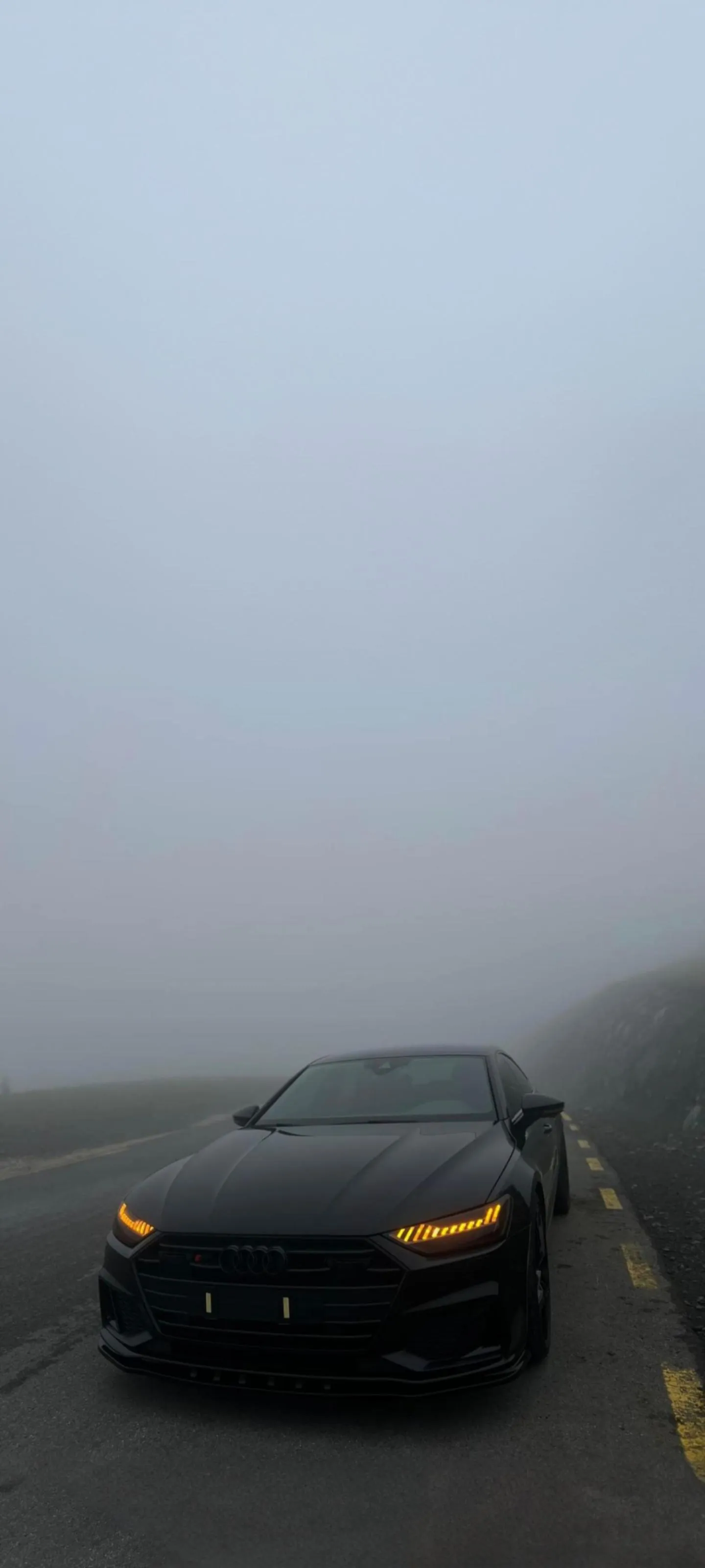 Black Supercar Driving in Foggy Mountain Road Art Wallpaper