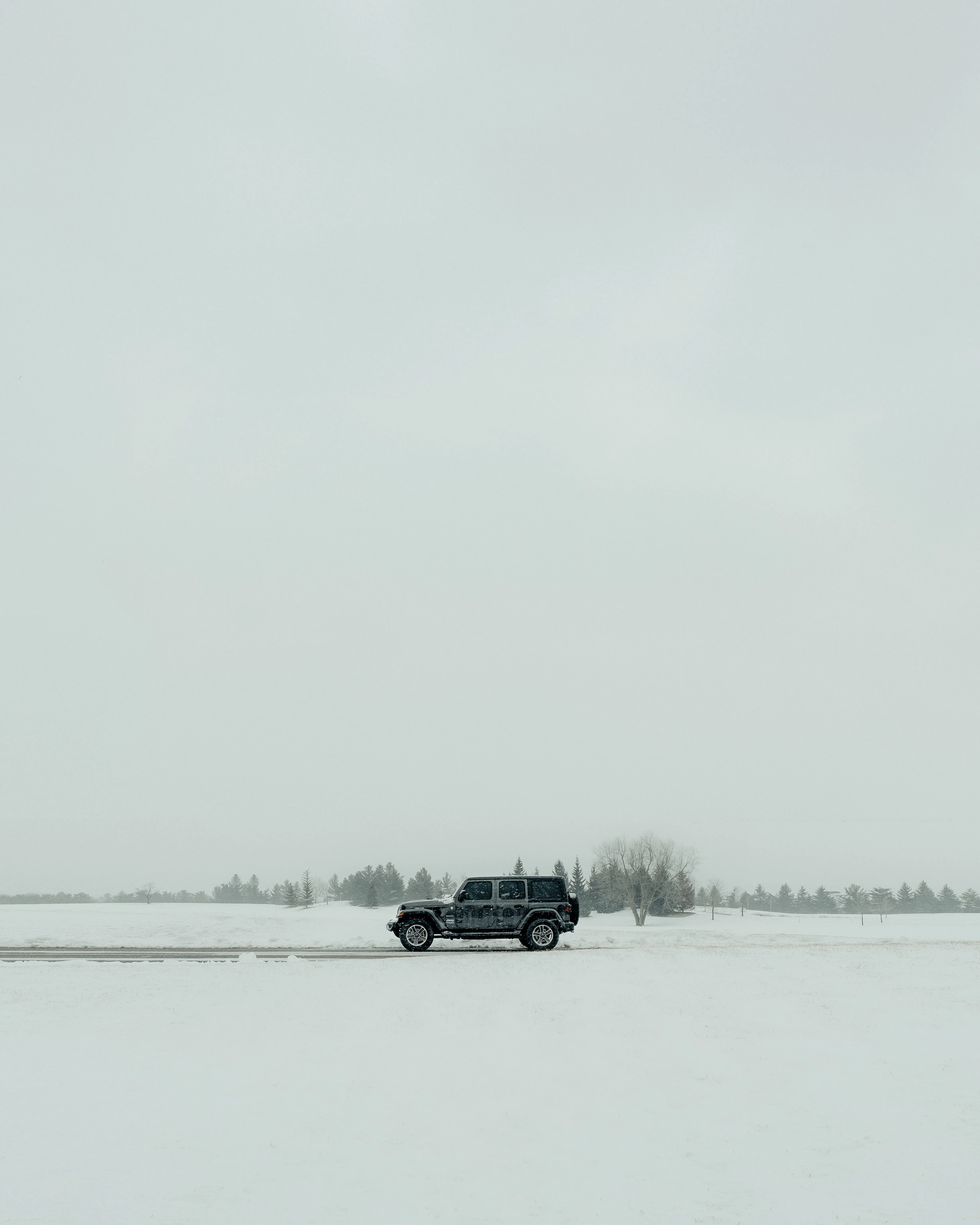 Black SUV Driving on Snowy Road Under Cloudy Winter Sky