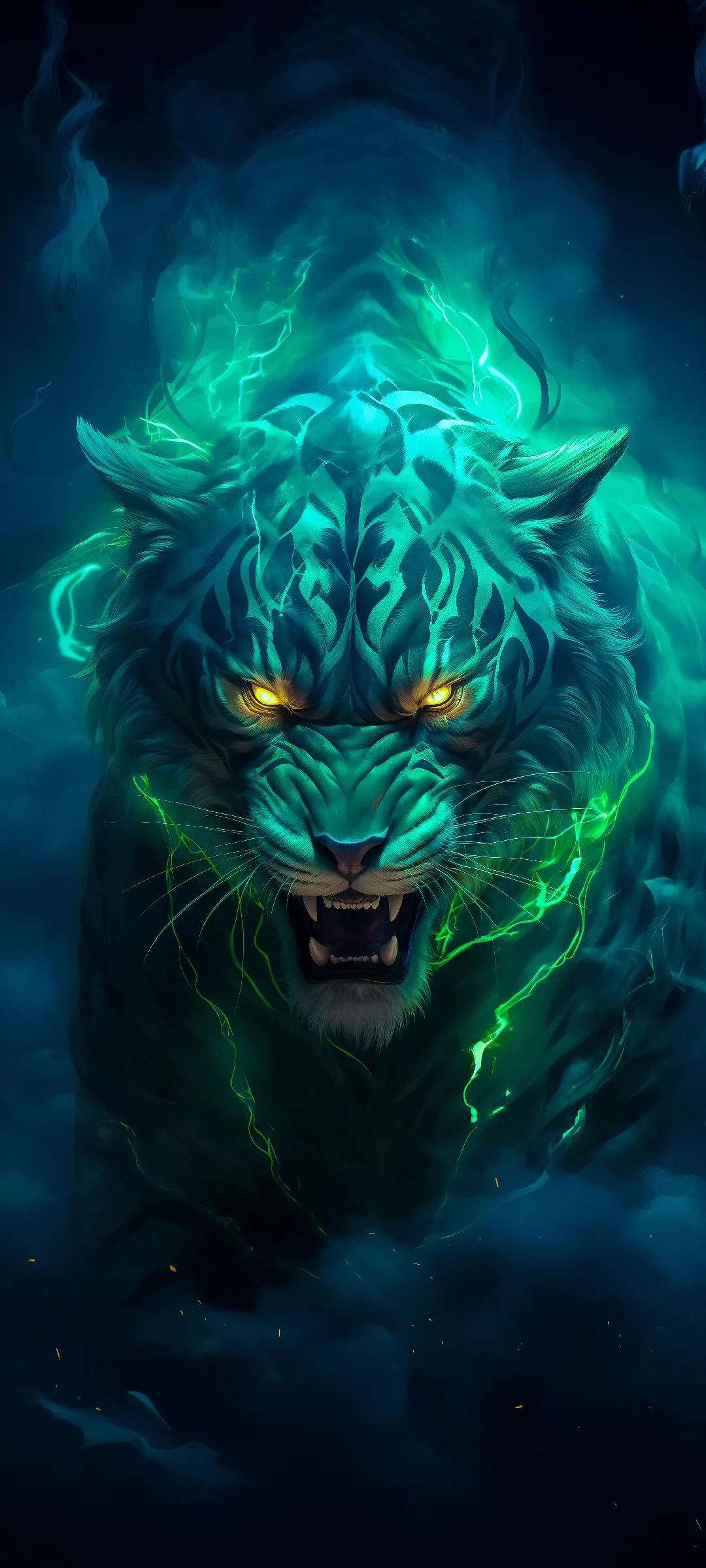 Blue Fiery Tiger with Intense Glowing Eyes Illustration